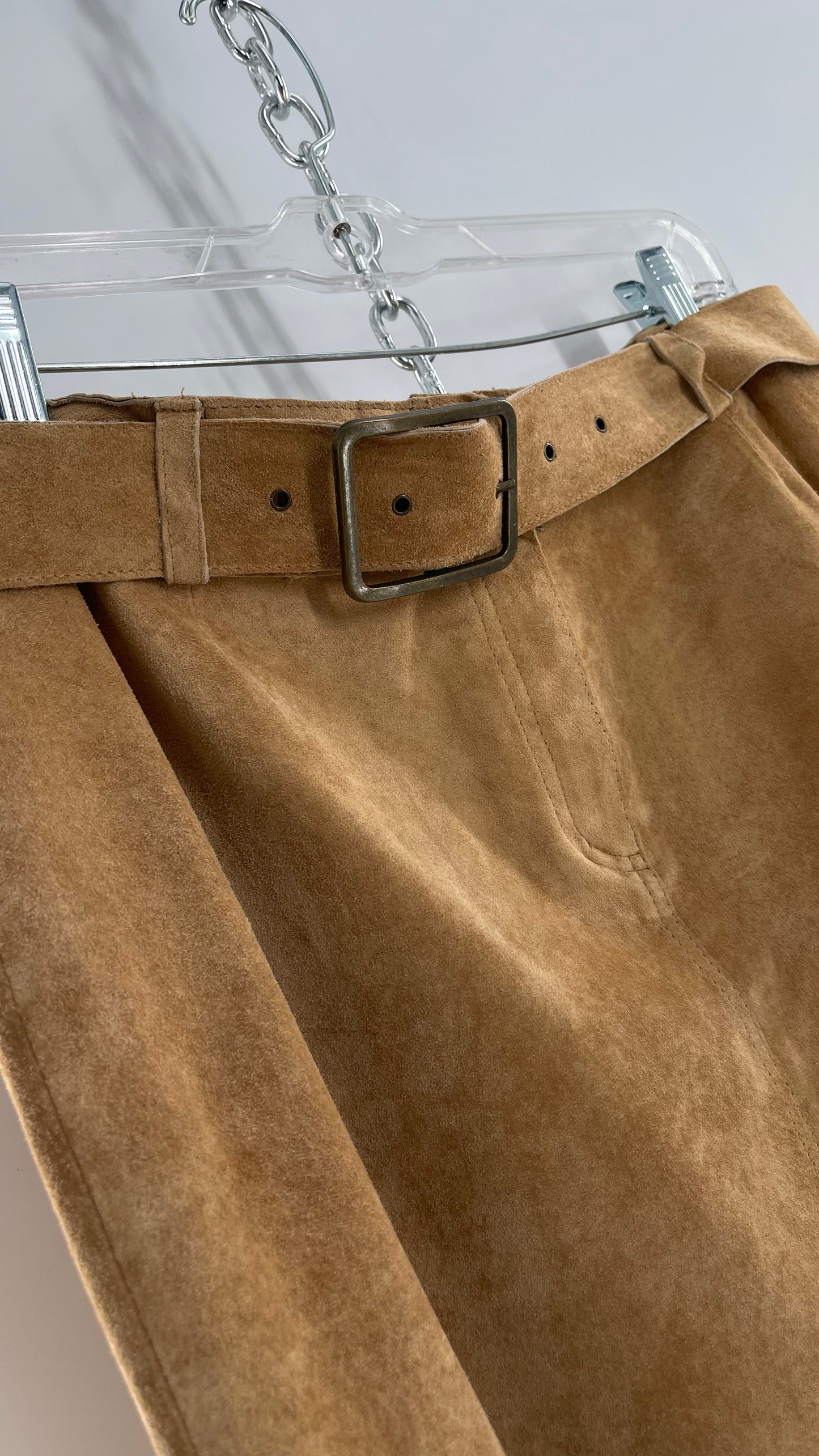 Vintage Margaret Godfrey Tan Suede Low Rise Full Length Skirt with Grommet Belt (14)