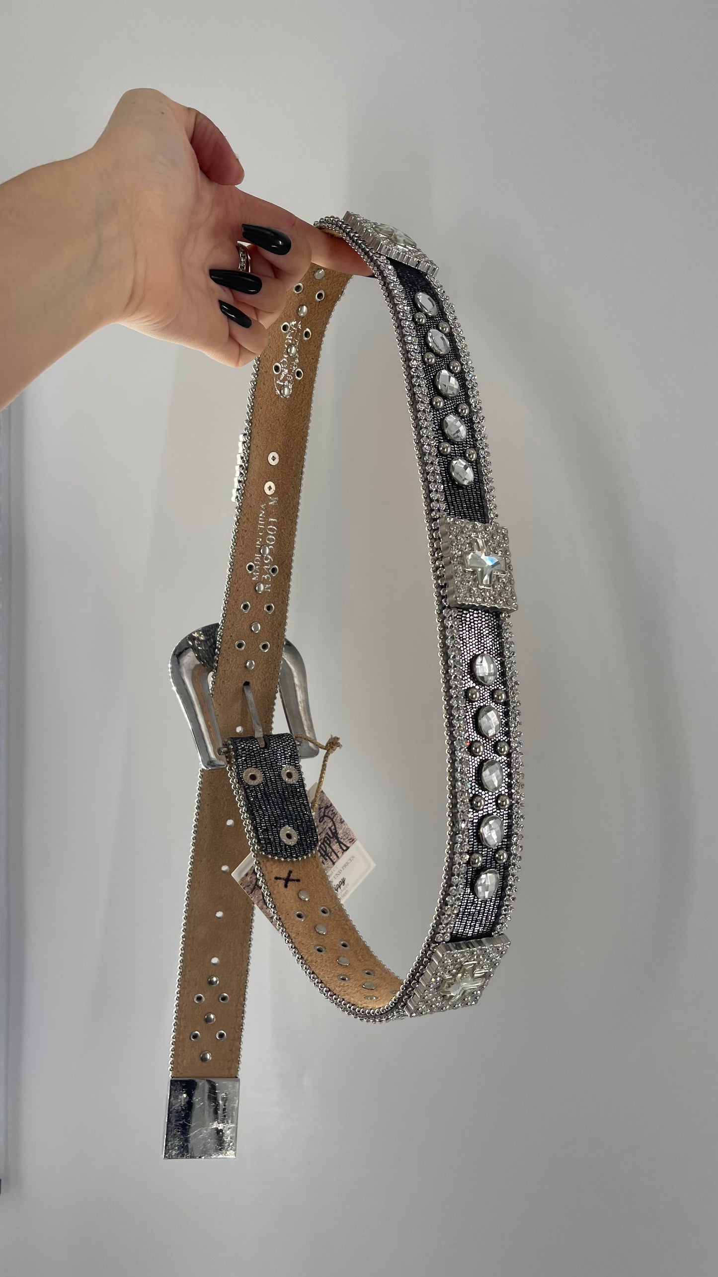 Free People Dark Silver Metallic Snake Print Belt covered in Crystal Embellishments and Heavy Metal Crosses (M)
