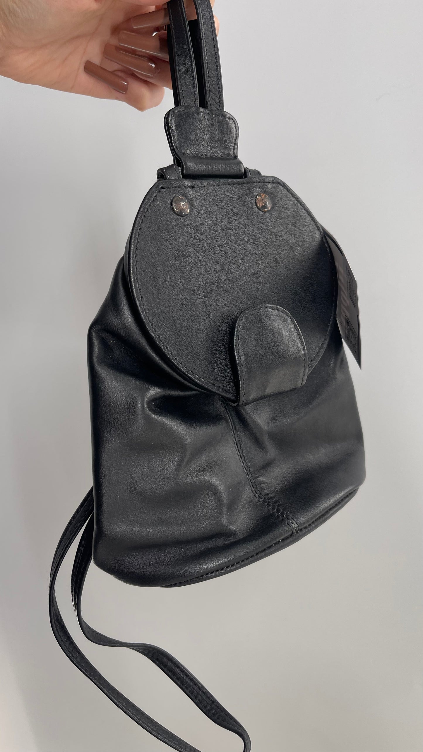 Vintage Colombian Leather Black Bucket Bag with Lid