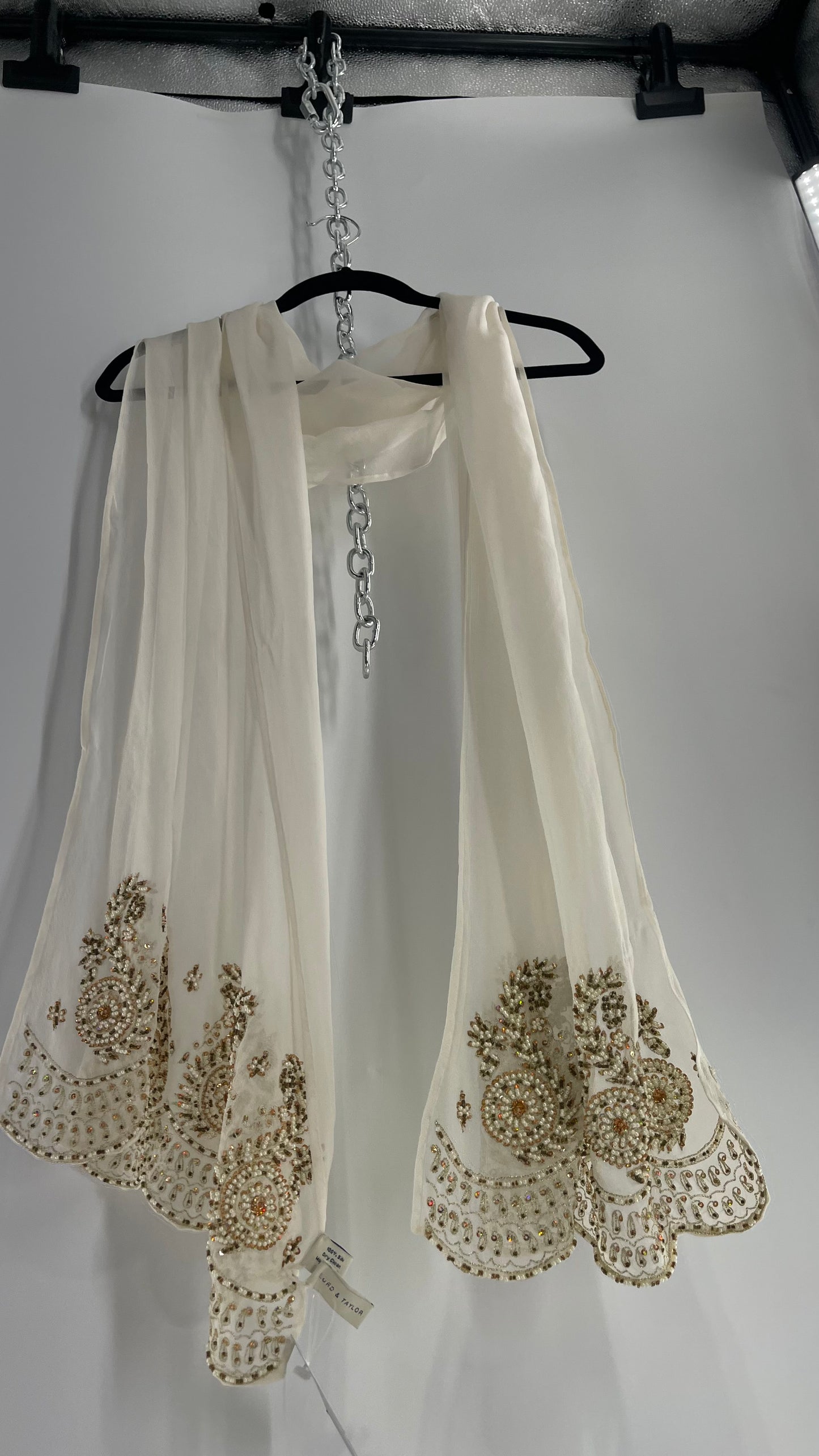Deadstock Vintage 100% Silk Saks Fifth Avenue Scarf with Beaded Hem