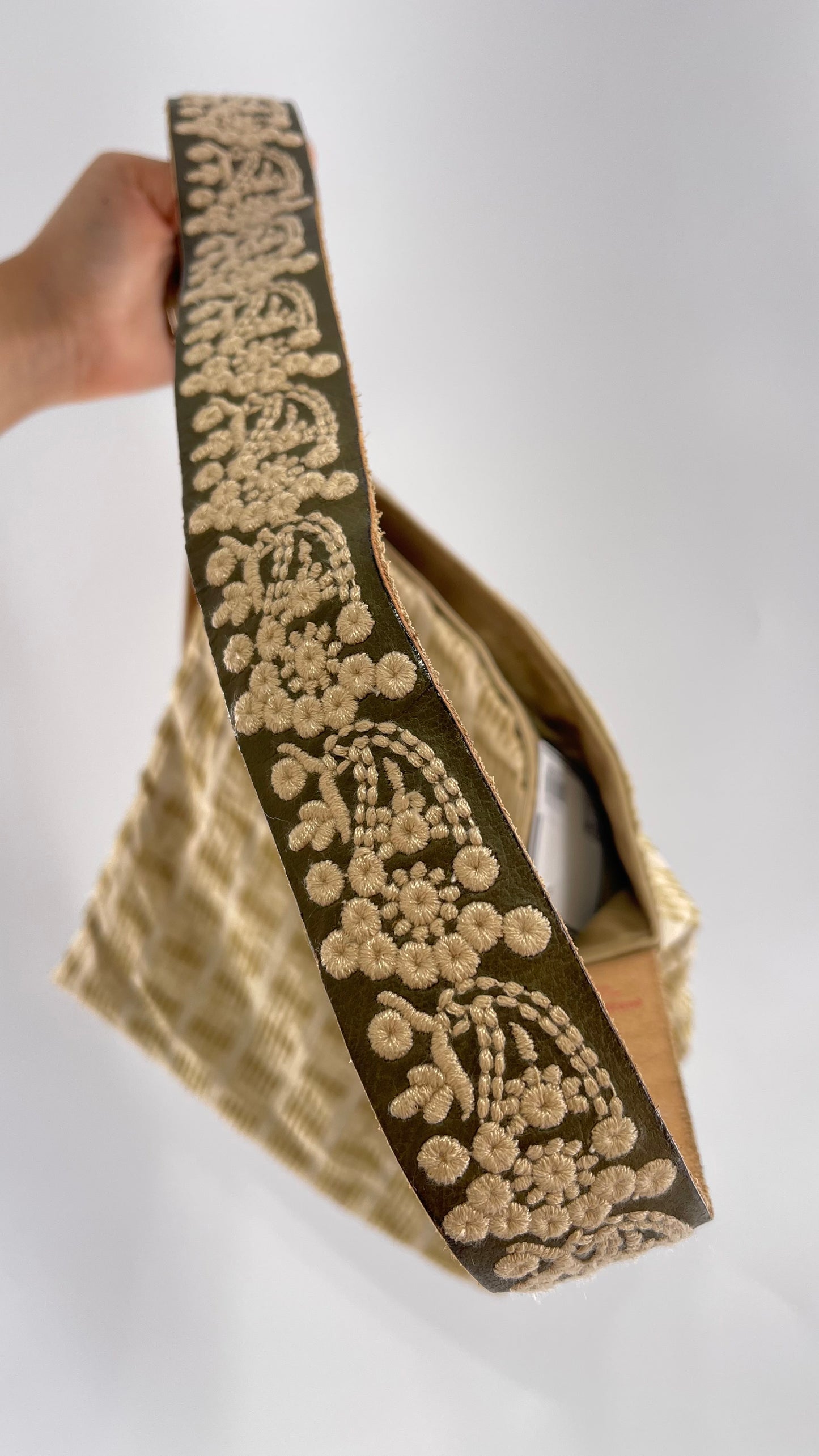 Tote with Embroidered Gold Exterior, Embroidered Leather Strap and Leather Interior - Shown Reversed