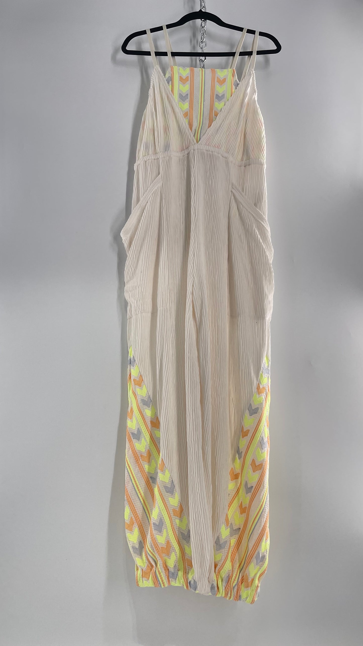 Free People Movement Cream Ribbed Jumpsuit with Yellow/Orange Embroidered Details and Waist Cinching Drawstring (Small)