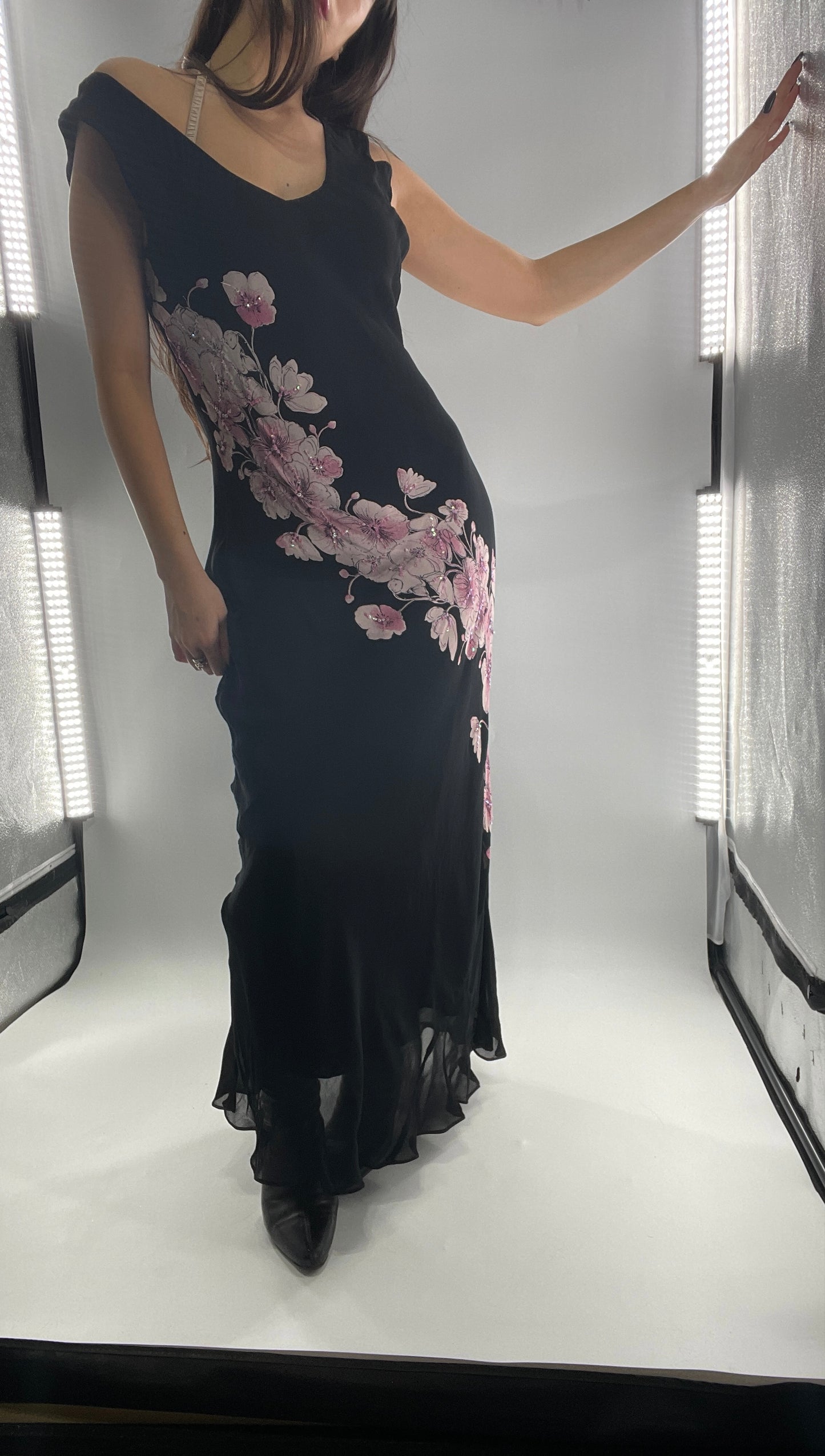Vintage Dress Barn Black Slinky Maxi Dress with Pink Floral Graphic and Sequins (L)