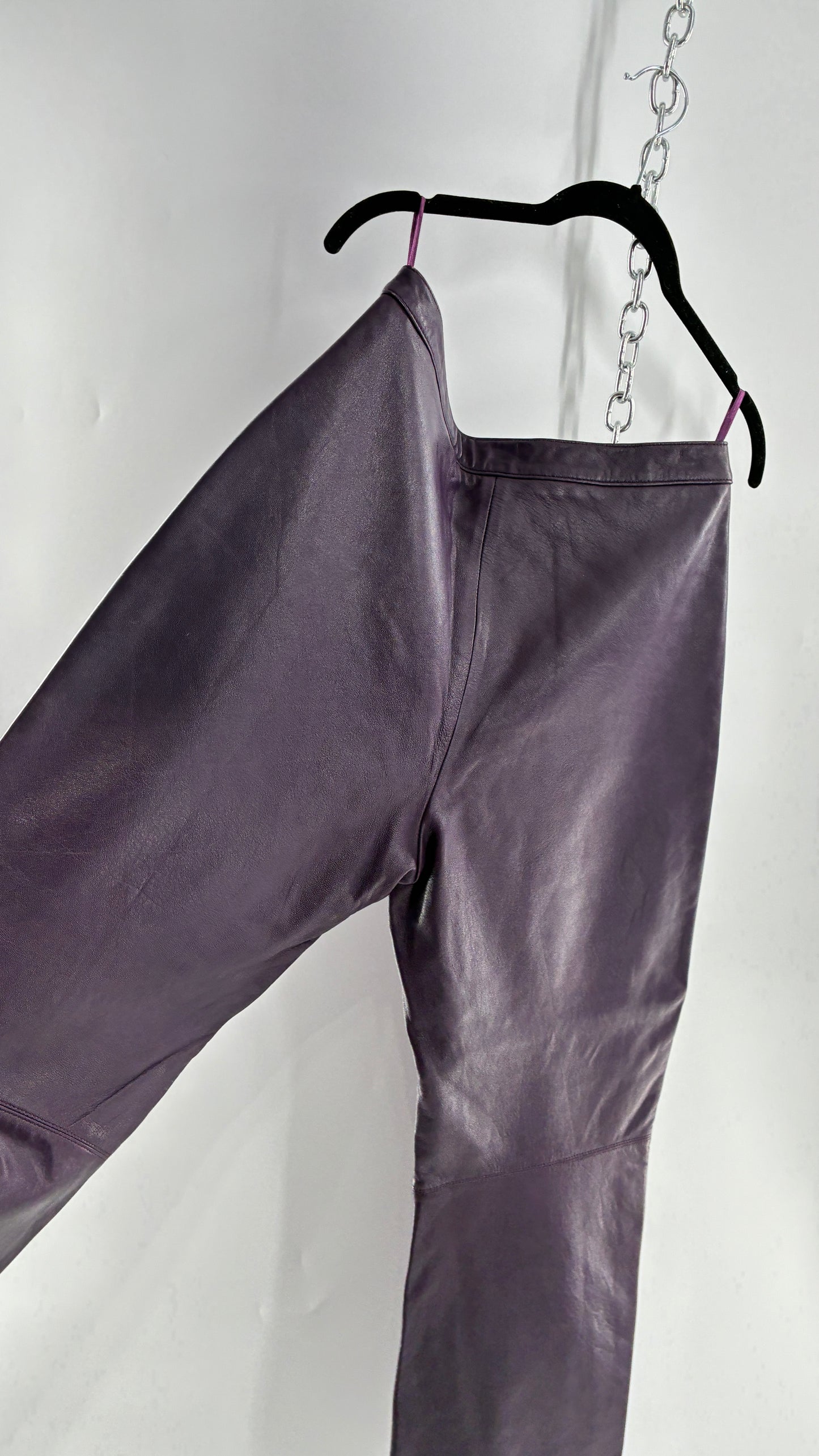 Vintage SHIN CHOI Genuine Italian Leather Purple Side Closure Low Rise Pants (12)