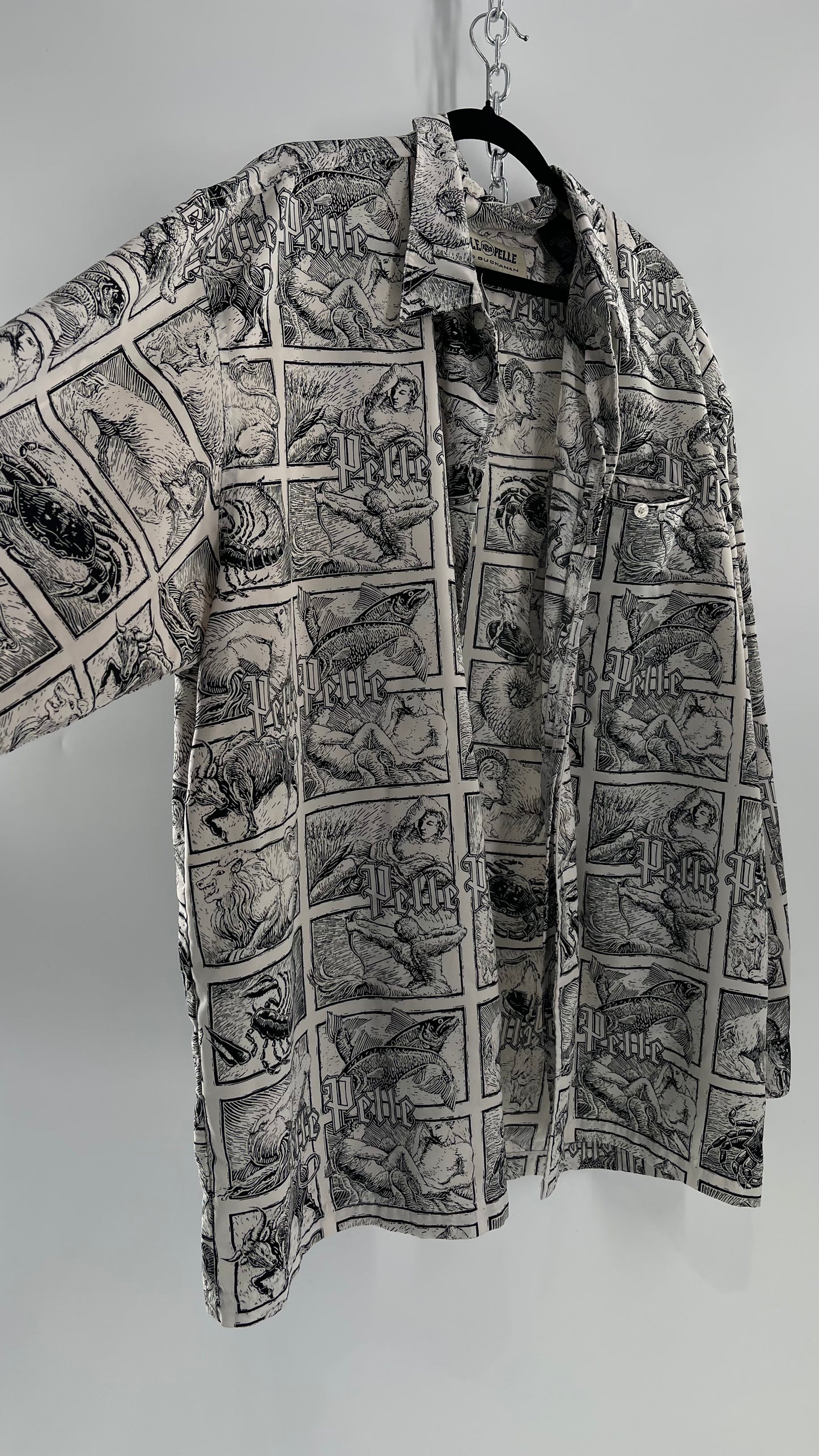Extremely Rare Vintage PELLE PELLE Zodiac Astrology Comic Strip Graphic Long Sleeve Button Up (3X)