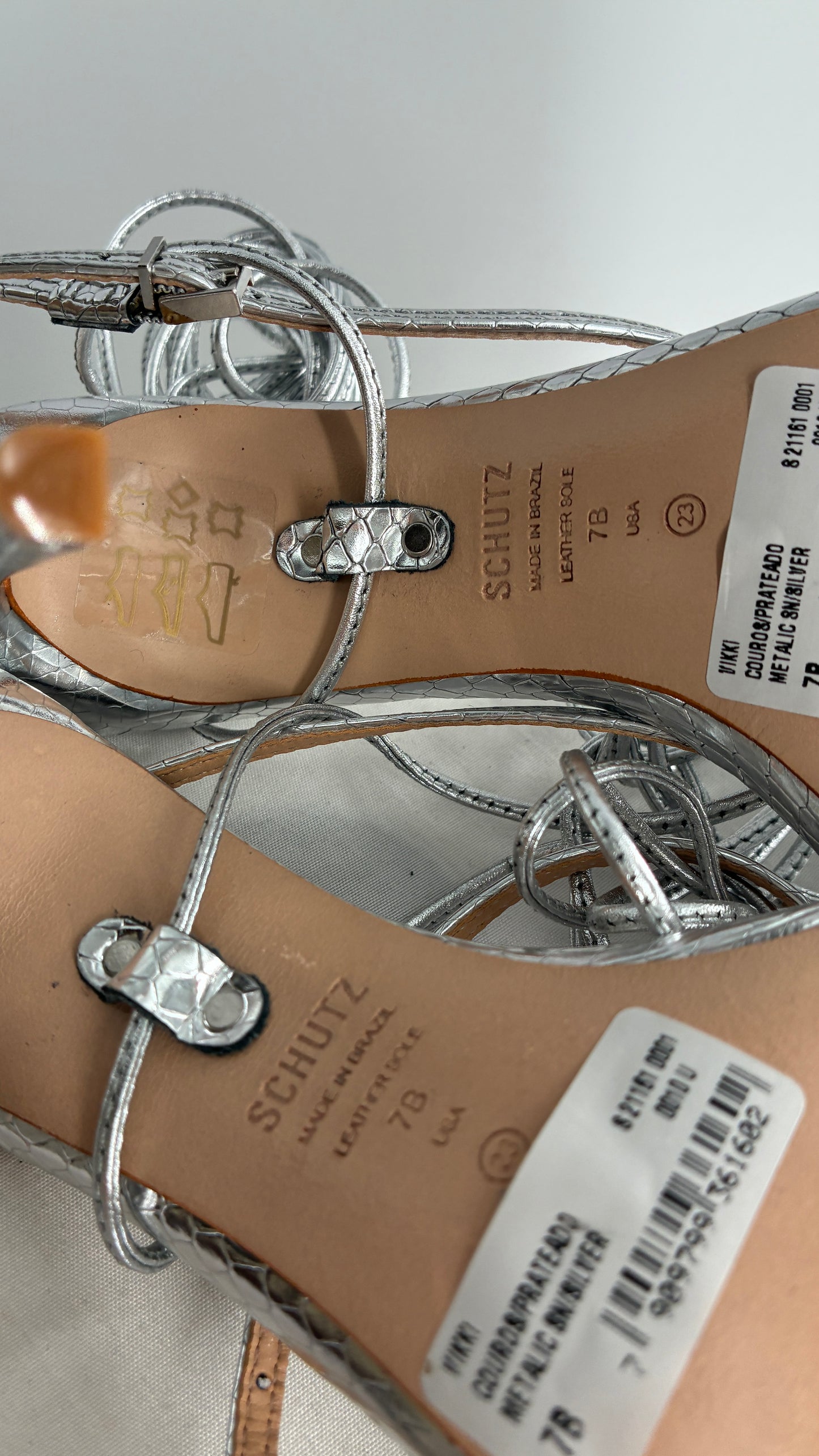 SCHÜTZ Silver Angular Tie Up Heels with Mirror Toe Detail (7)