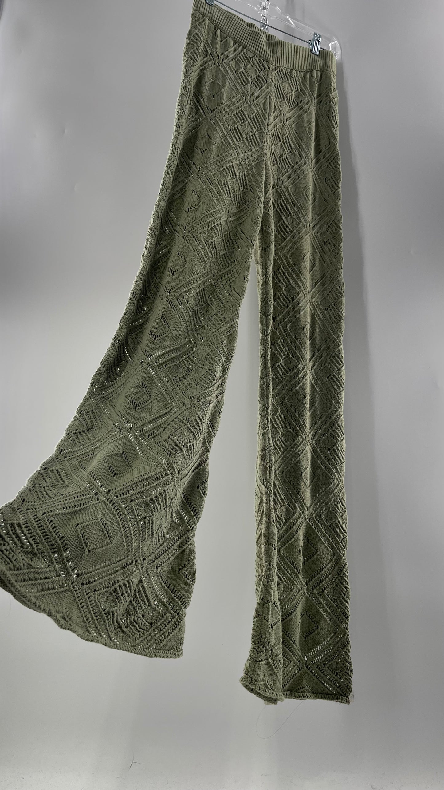 Free People Beach Sage Green Crochet Wooden Button Front Cardigan and Wide Leg Set (Medium)