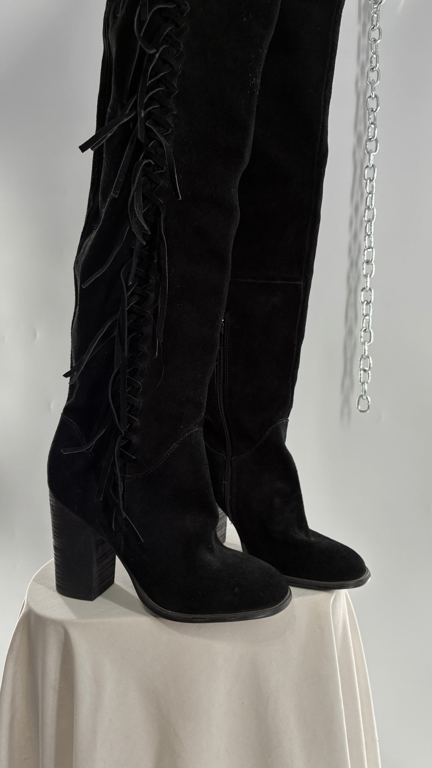 Vintage CARLOS SANTANA Genuine Suede Leather Thigh High Tassel, Fringe Side Boots (7.5)