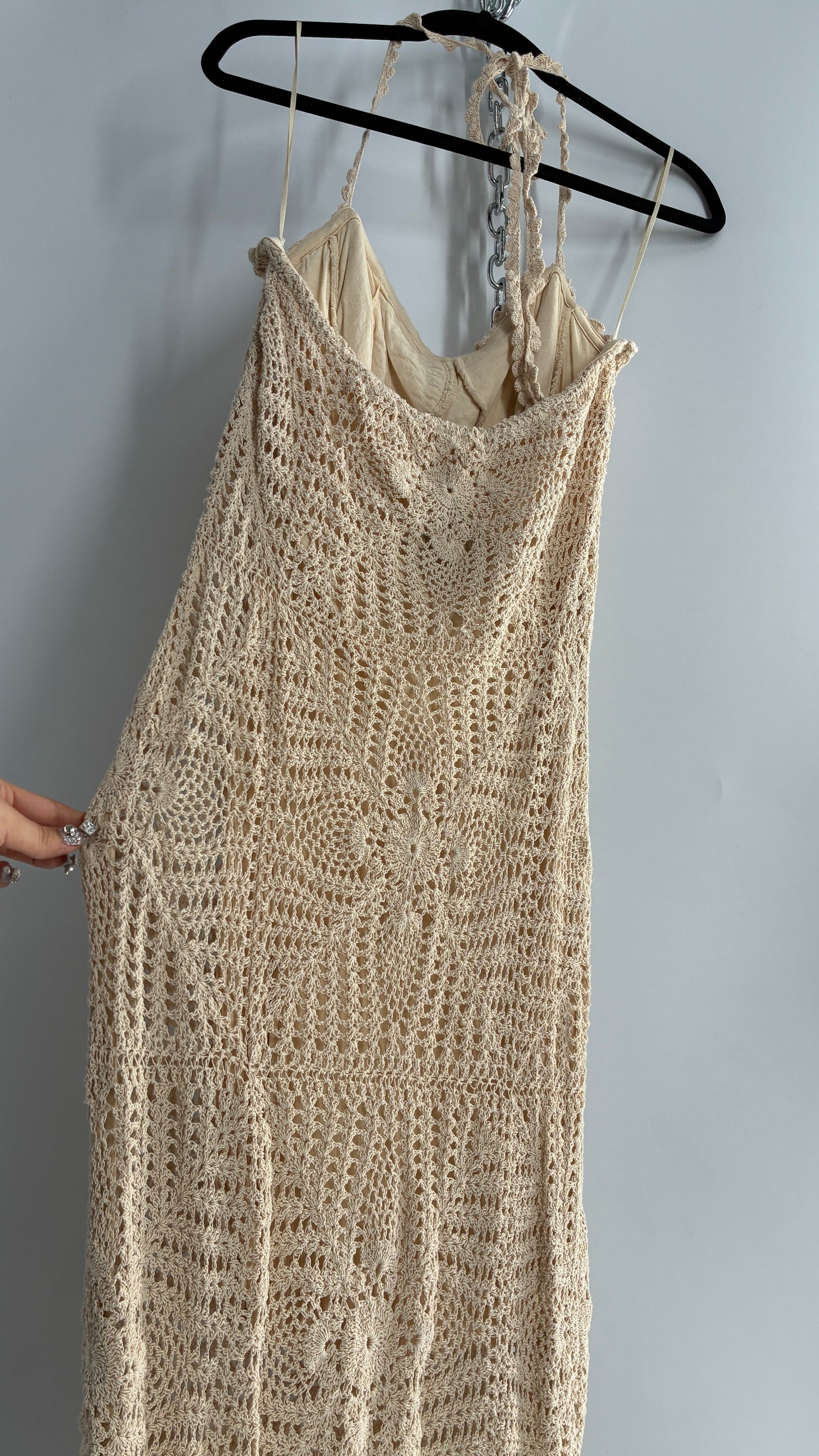 Free People Beige Crochet Knit Máxi Dress (Large)