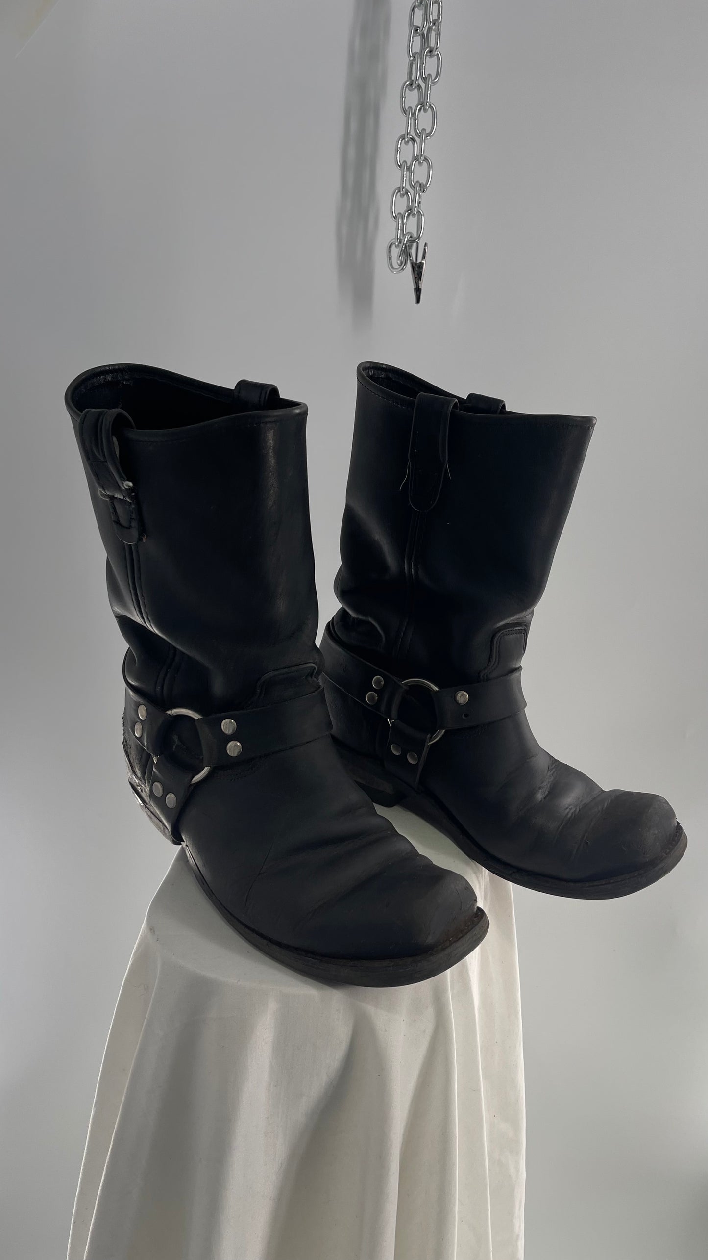 Vintage SIERRA Black Heavy Duty Sloppy Scuffed Distressed Leather Motorcycle Boots (10.5)