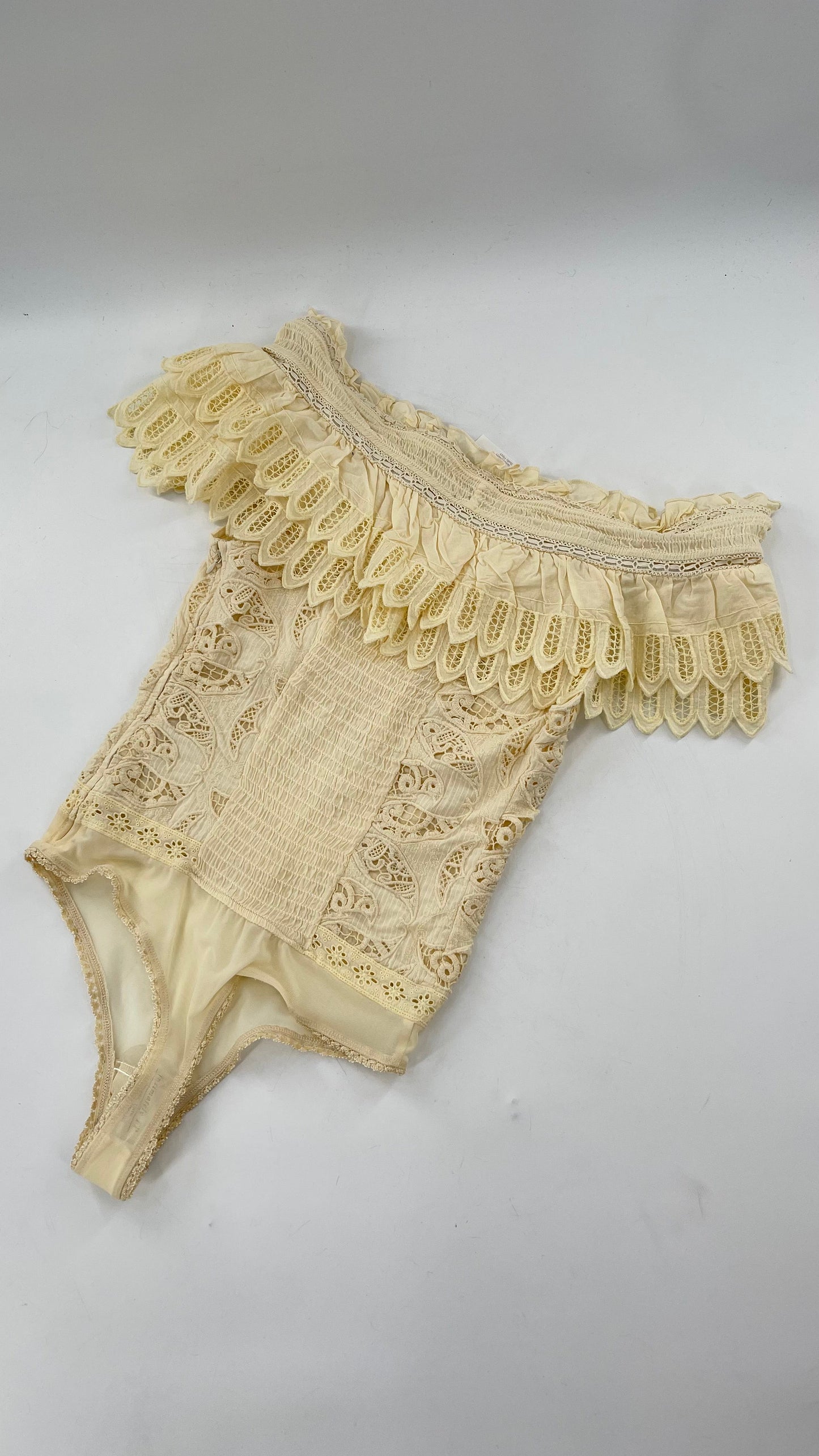 Intimately Free People Light Yellow Lace Bodysuit with Ruffled Off the Shoulder Neckline
(XS)