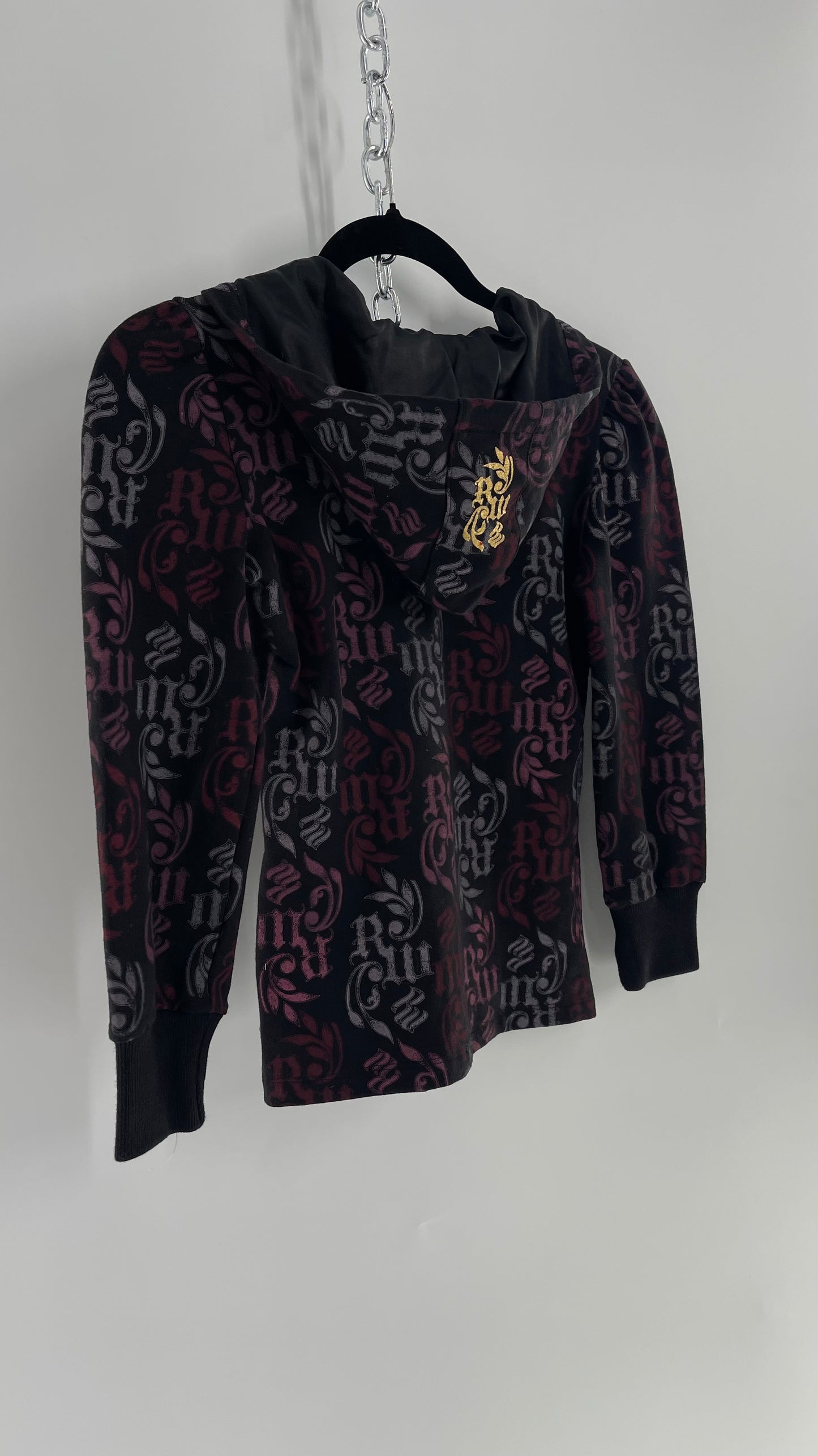 Vintage All Over Rocawear Logo Zip Up Hoodie with Gold Charm Chain and Silky Hood (XS/S)