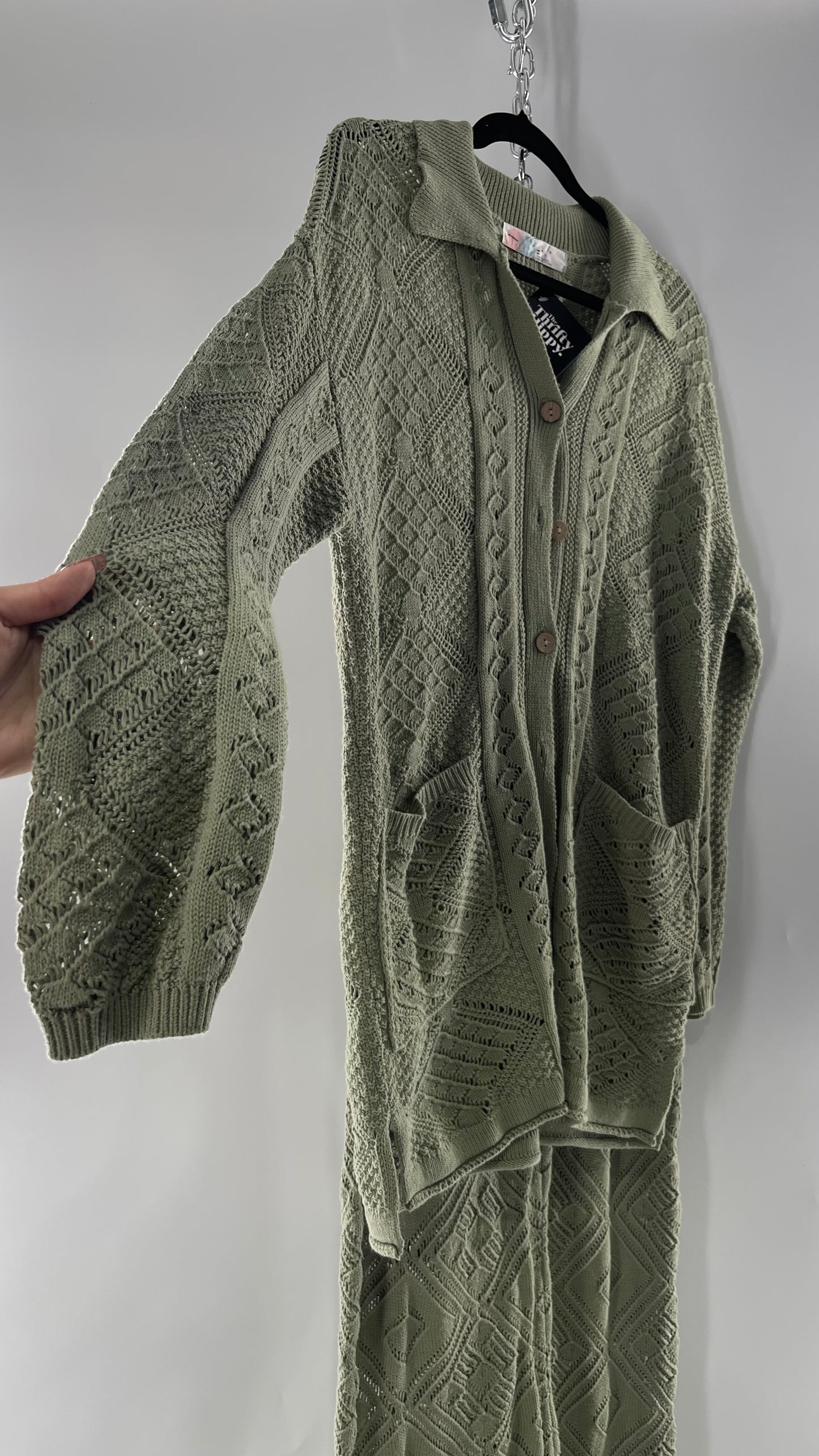 Free People Beach Sage Green Crochet Wooden Button Front Cardigan and Wide Leg Set (Medium)