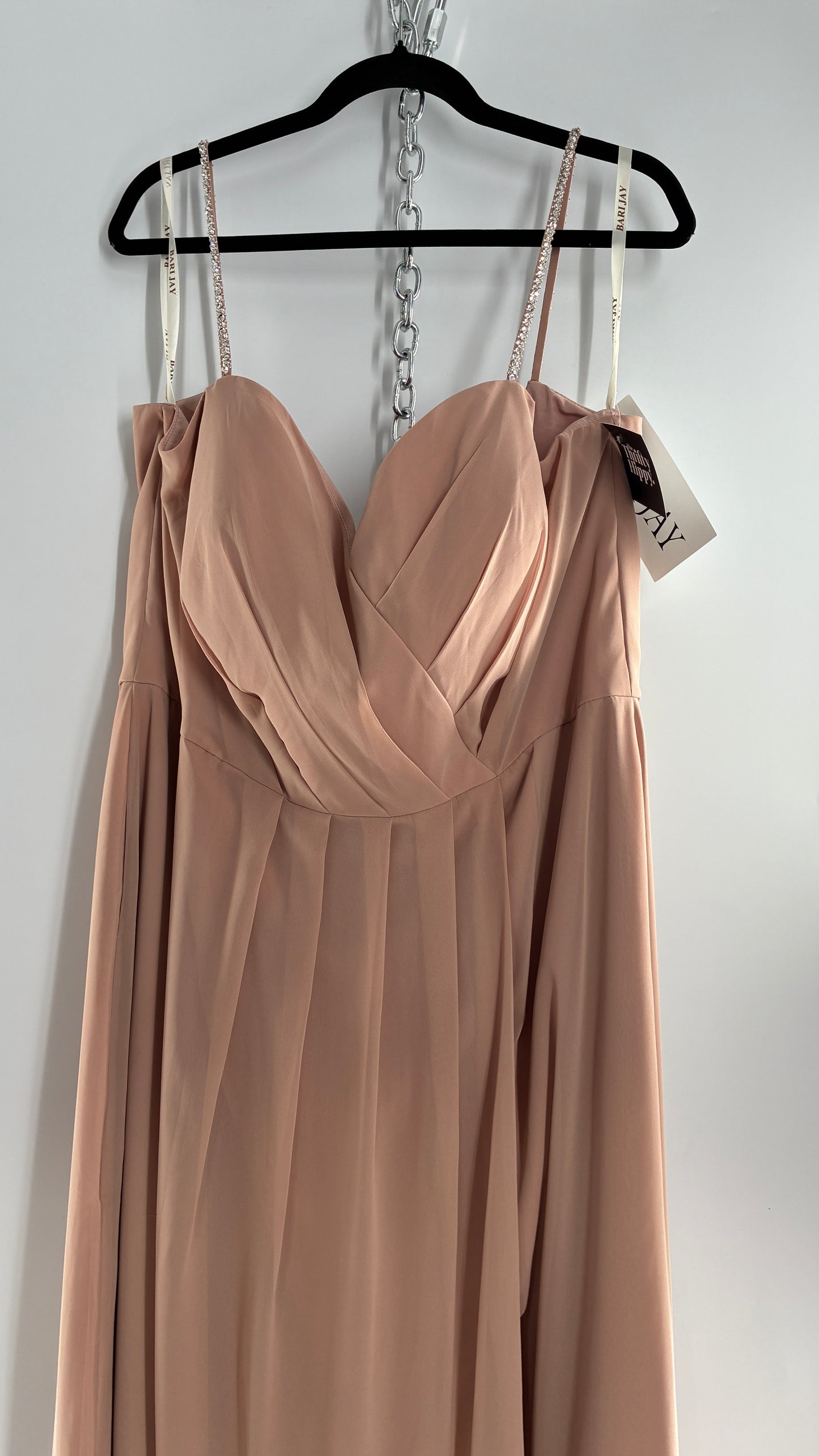 Vintage BARI JAY Nude/Blush Pink Full Length Dress with Embellished Straps and Side Slit Detail (16W)