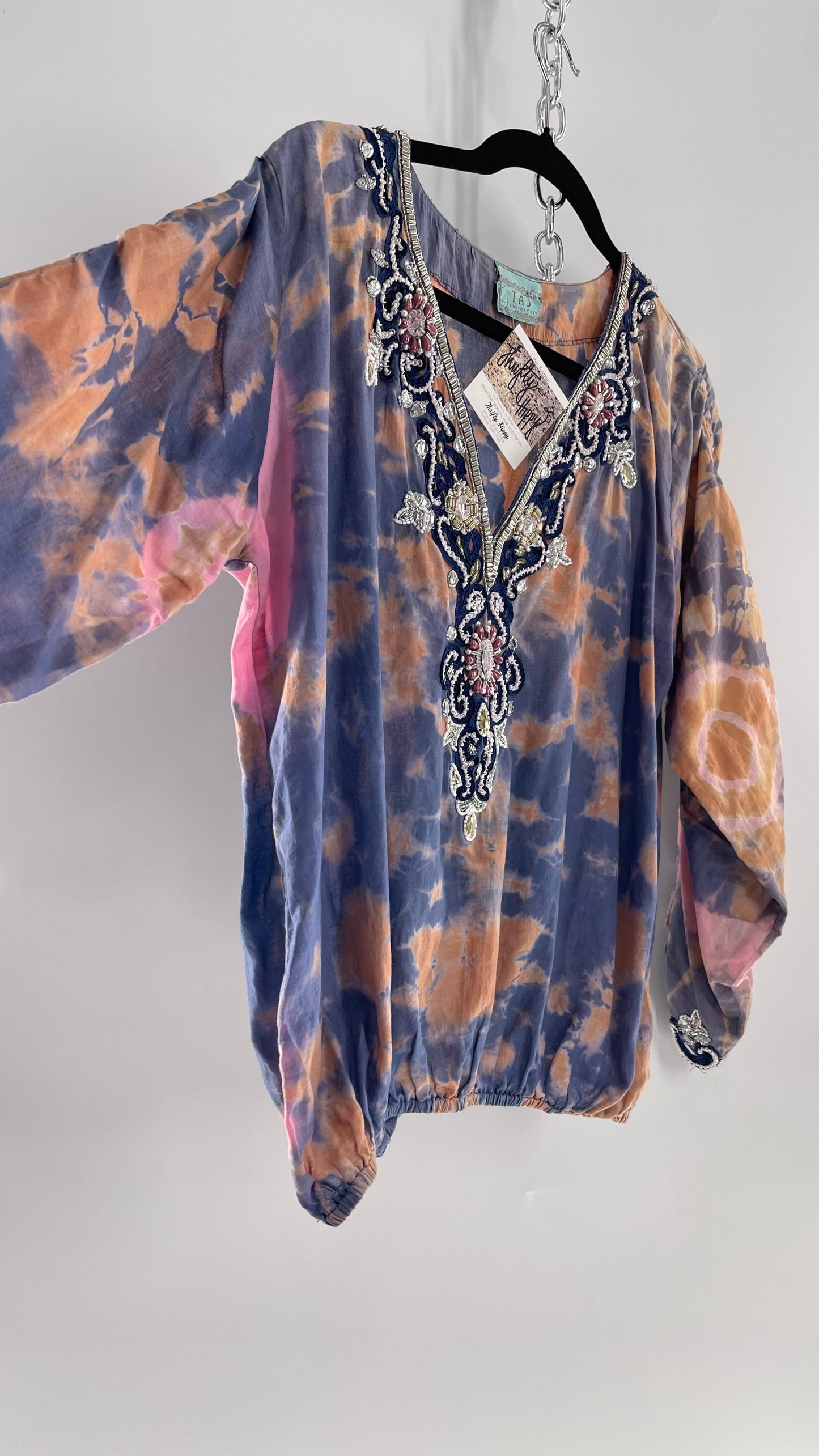 TAJ by Sabrina Crippa Tie Dye Blouse with Gemstone Encrusted Neckline and Ruched Beaded Sleeves (S/M)