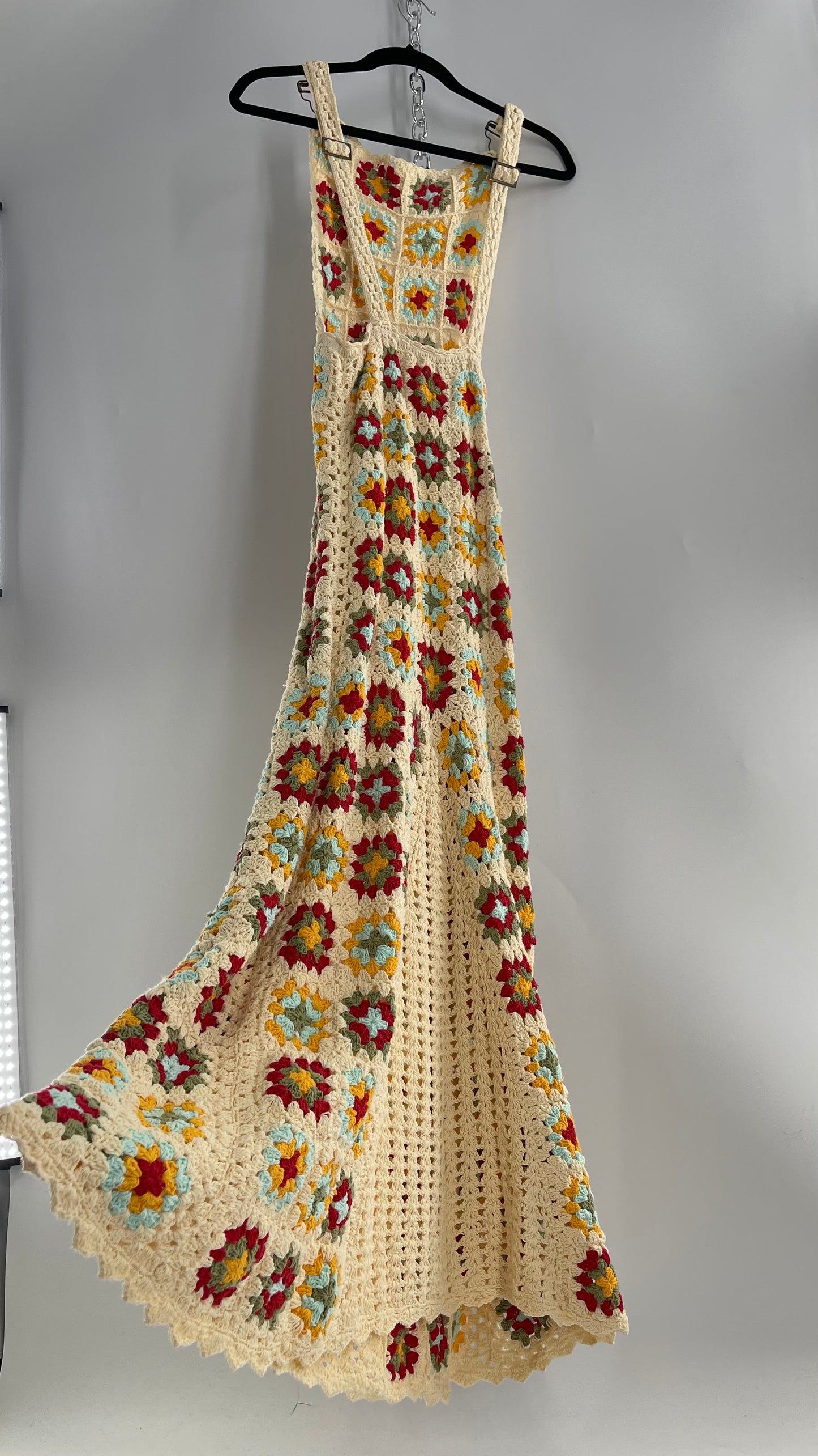 Free People Flook Beige Heavy Weight Crochet Granny Patchwork Overall Dress (Small)
