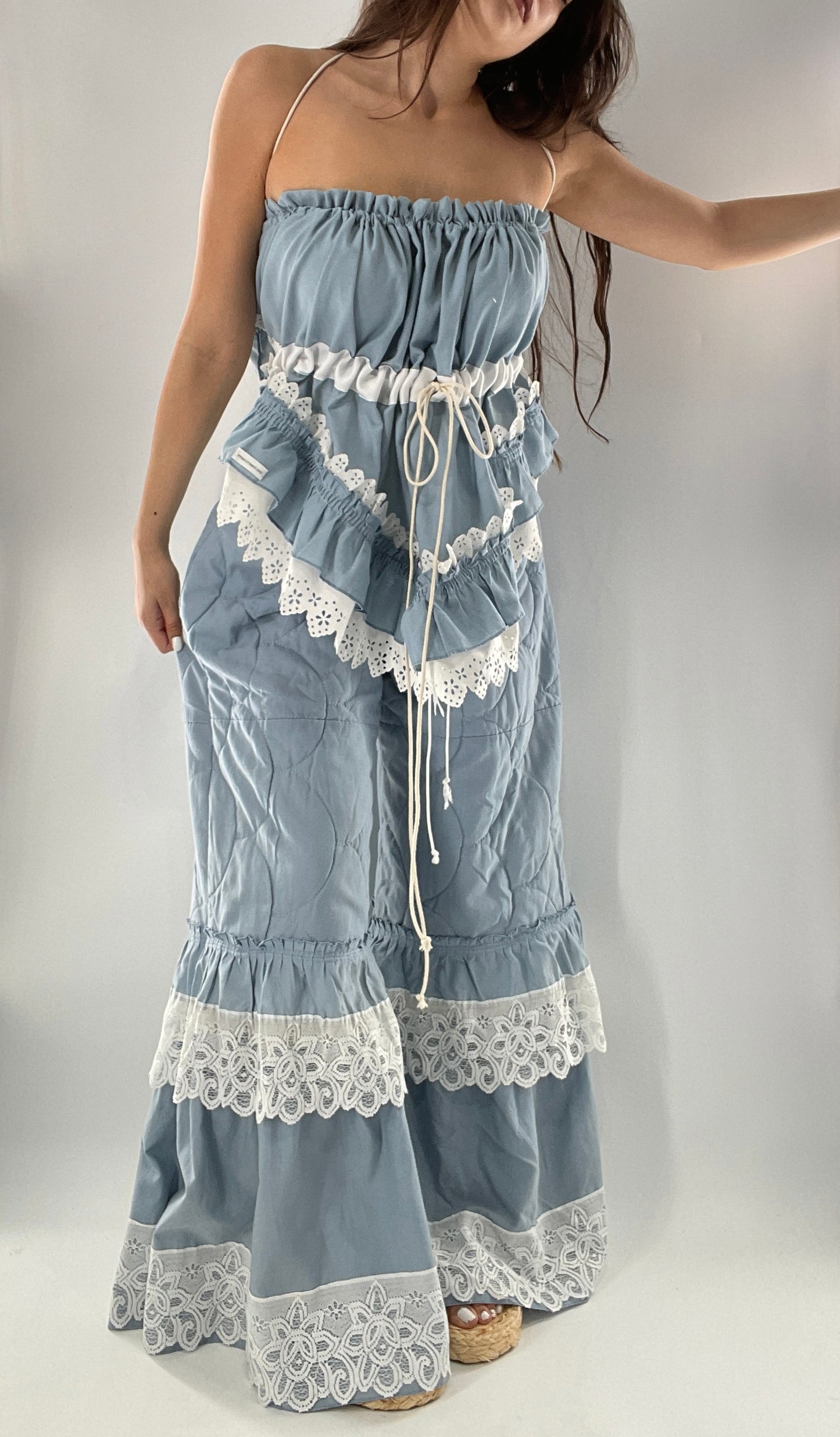 Vintage 2 Piece Powder Blue Set Featuring 2Way Blouse and Quilted Trousers Covered in Ruffles, Lace and Trim (One Size)