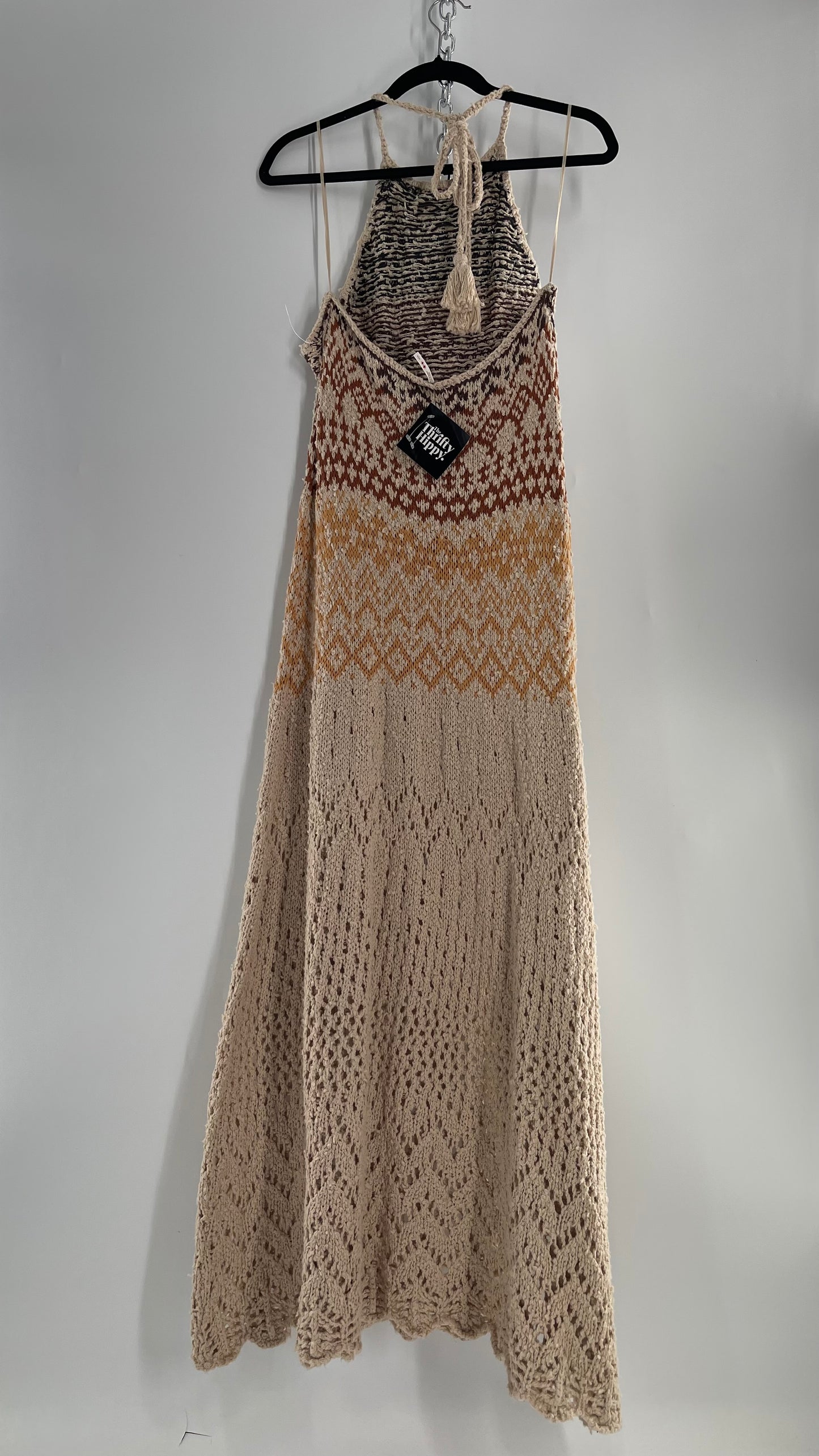 Free People Beige Ikat Oasis Knit Halter Maxi Dress (Small)