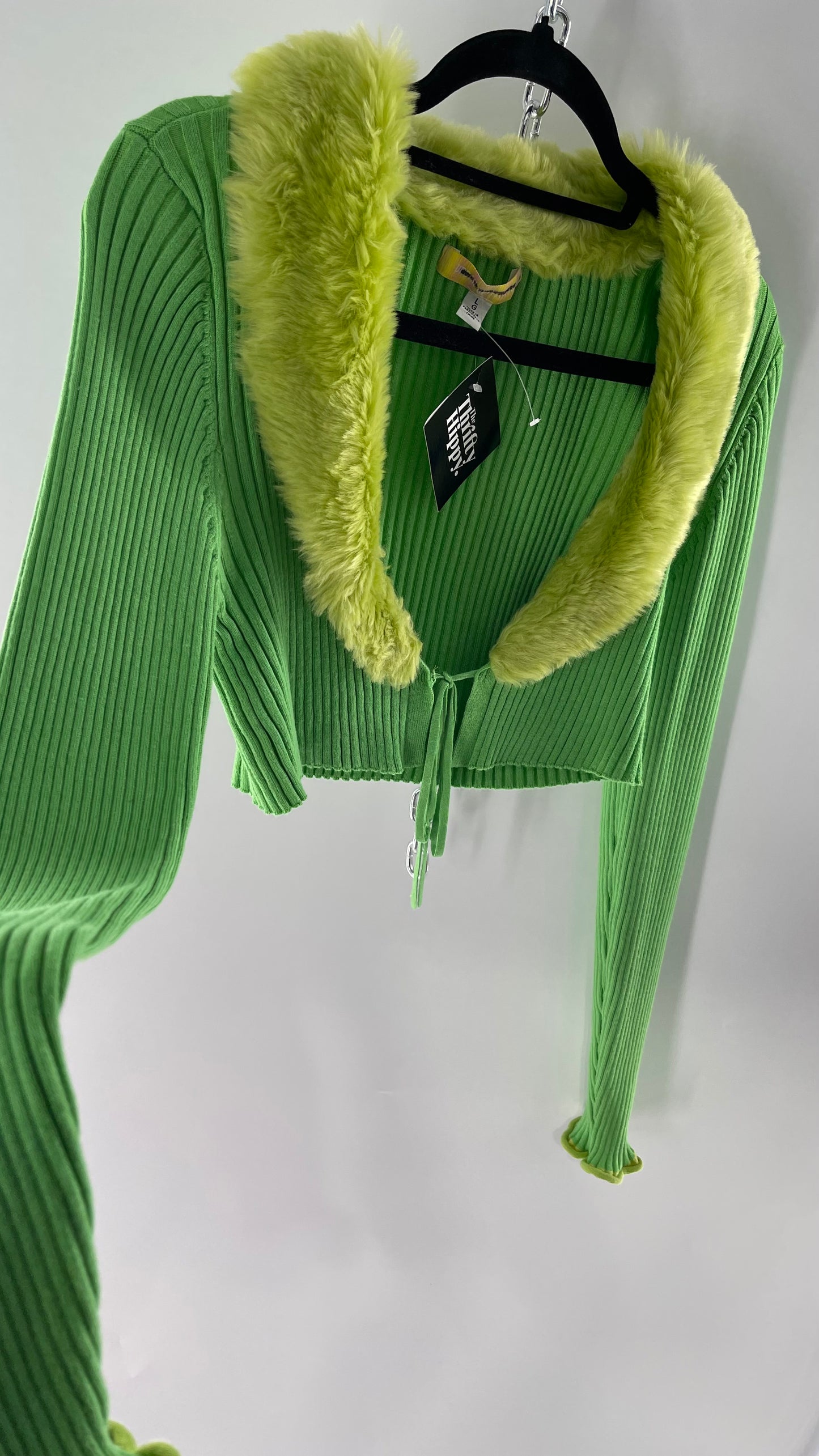 Urban Outfitters Lime Green Ribbed Ribbed Faux Fur Collar Shrug (Large)