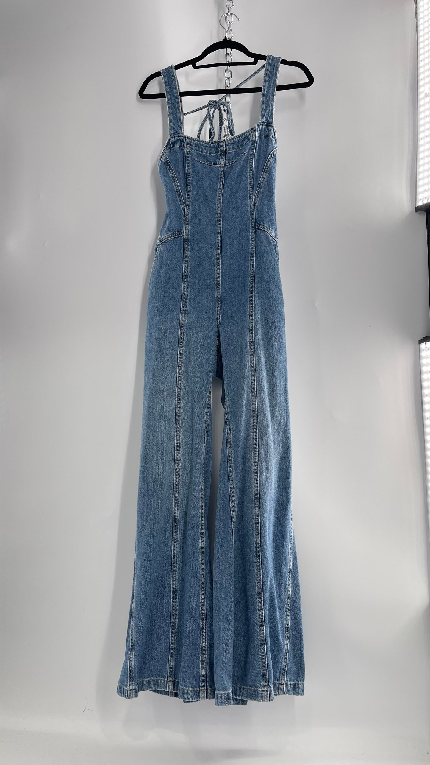 Free People Denim Backless Wide Leg Jumpsuit with Tags Attached (Small)