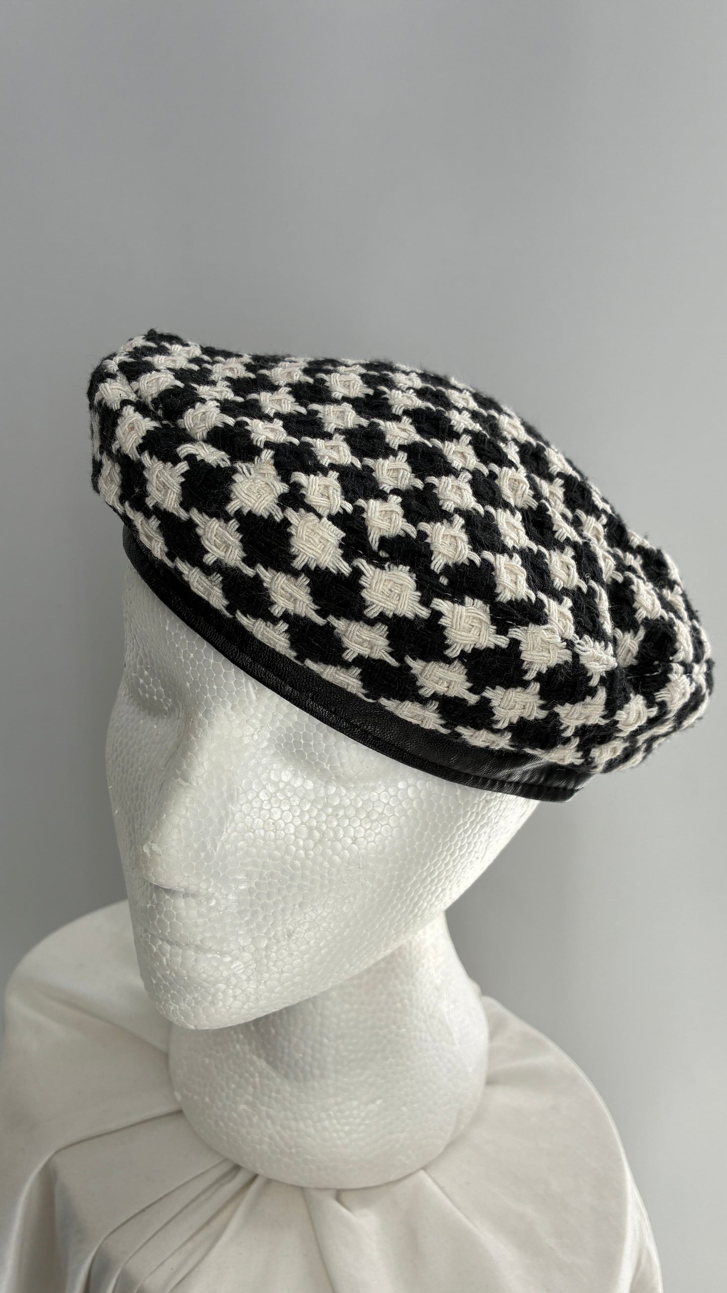 Black and White Knit Houndstooth Beret with Vegan Leather Band