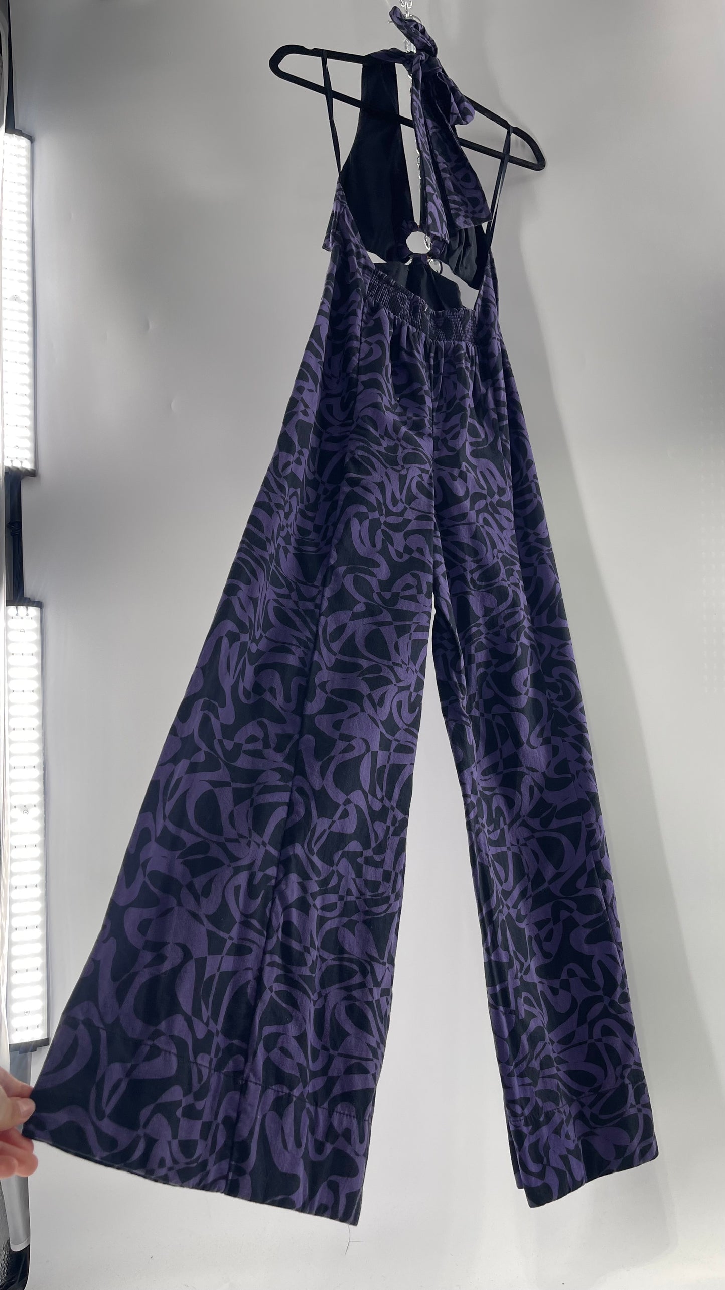 Free People Kira Retro Black and Purple Wide Leg Halter Jumpsuit with Tortoise Bust Loop (XS)