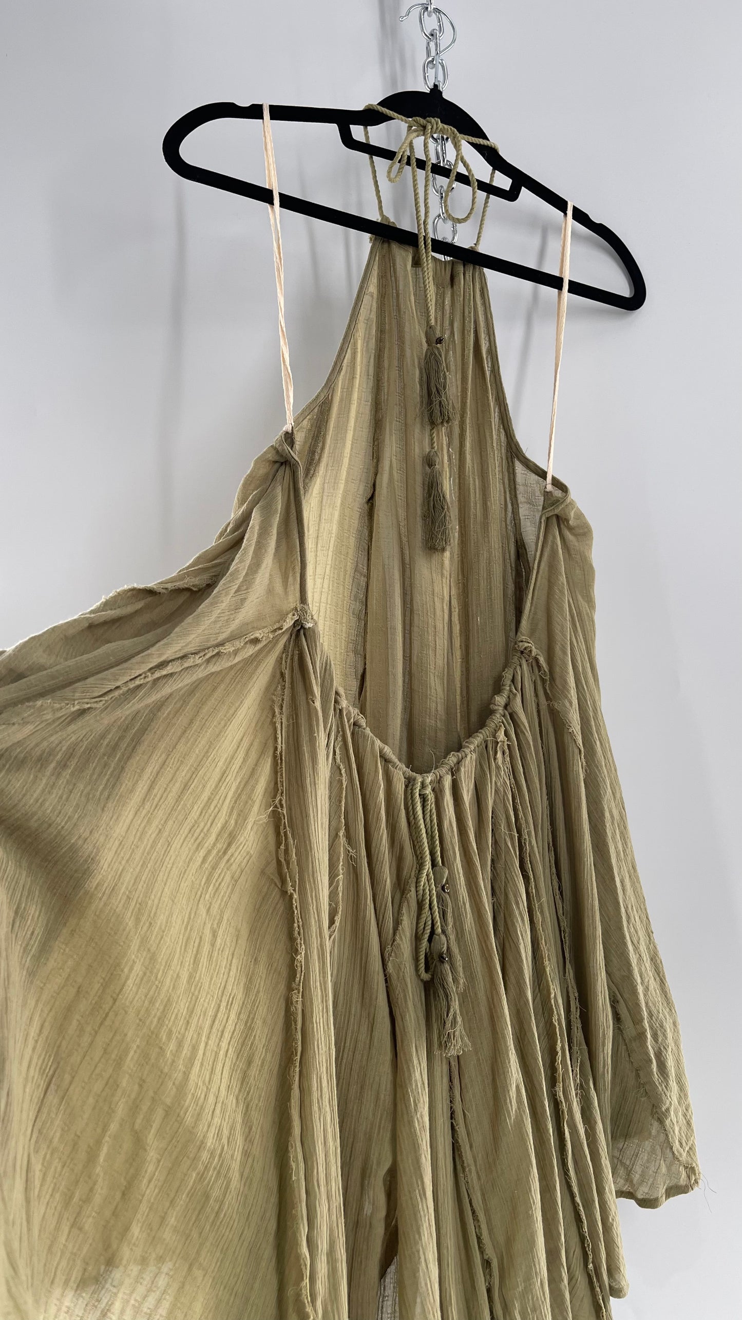 Free People Olive Sage Gauze/Cotton Halter Backless Dress (M)