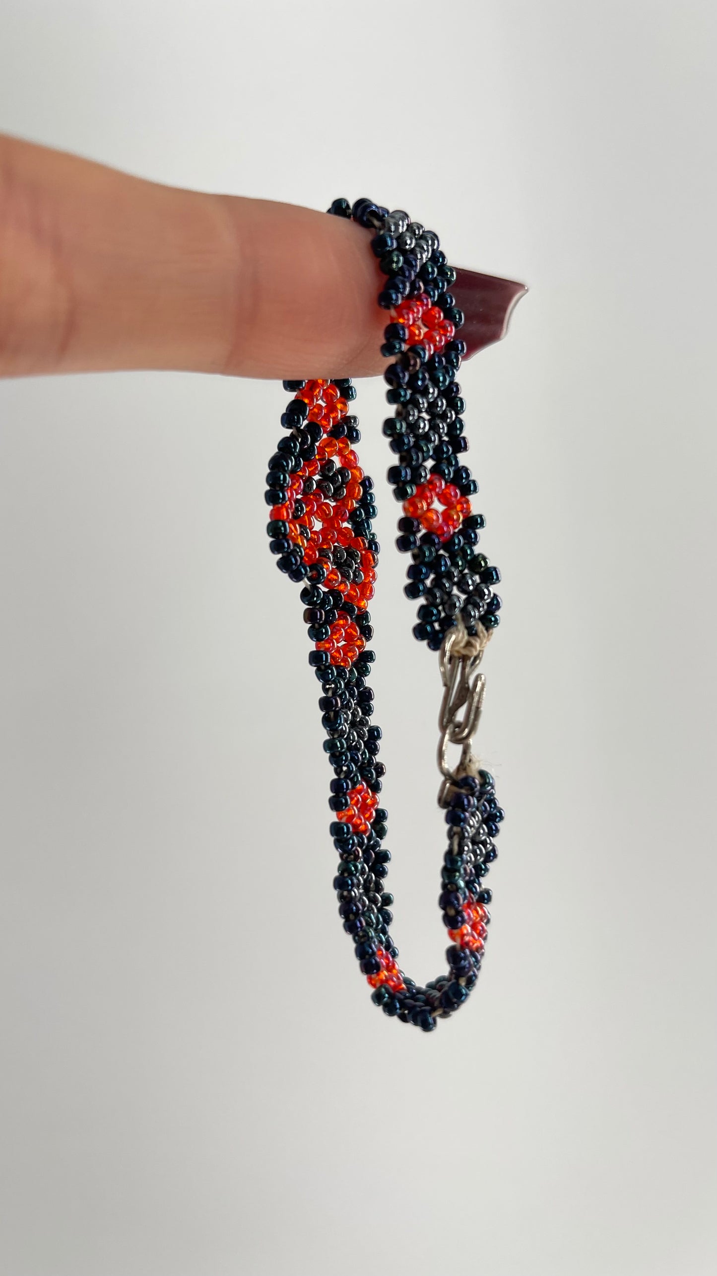 Vintage 70s Handmade Navy Beaded Bracelet with Red Heart and Flowers