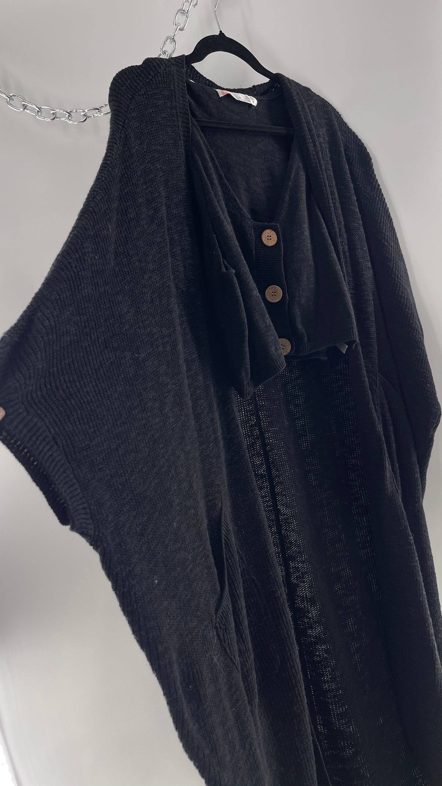 Free People Kai 3 piece Black Knit Cardigan, Tank, Shorts Set with Extra Button Never Worn (Medium)