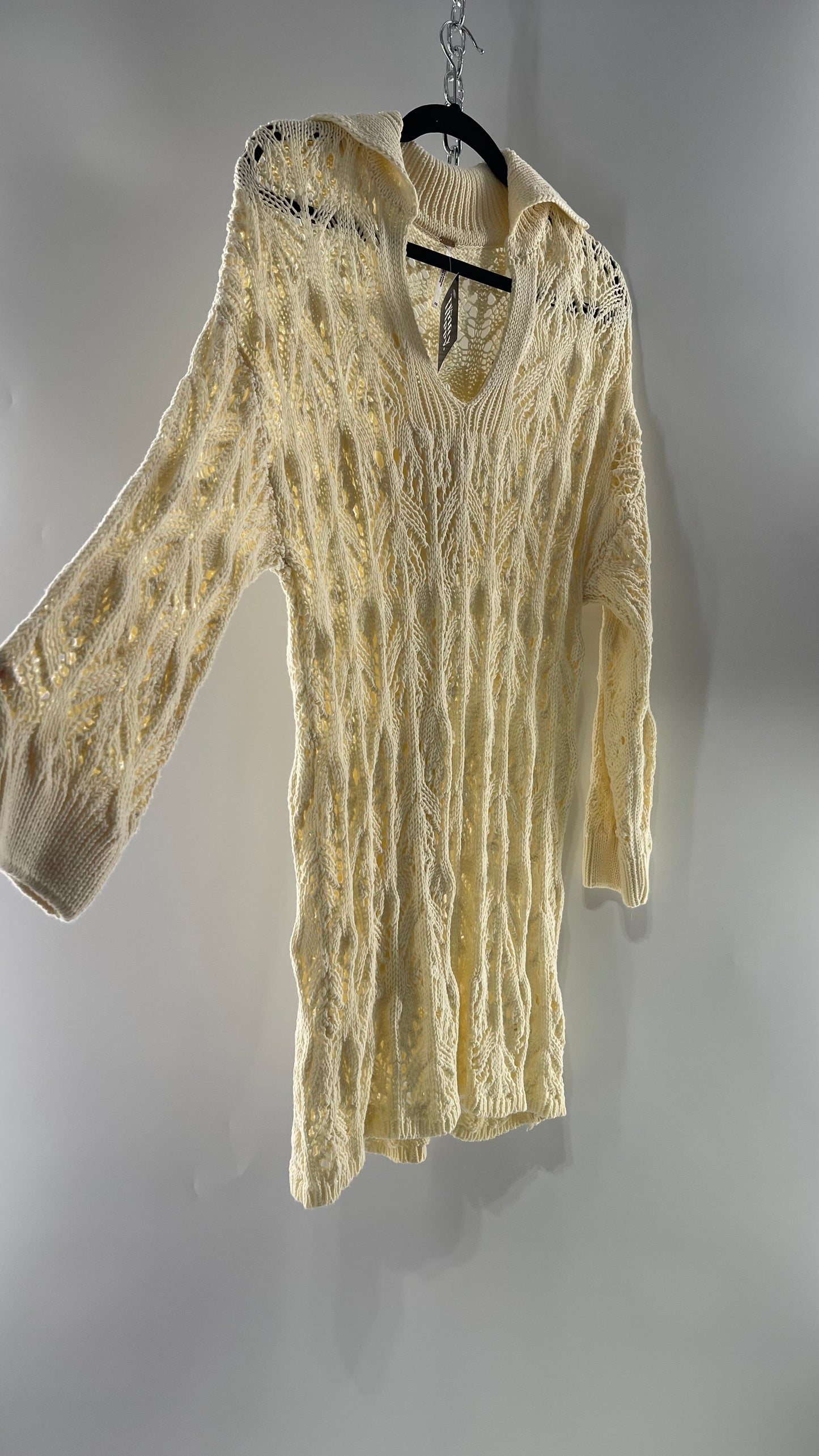Free People Baby Yellow Comfy n Cozy Open Stitch Knit Sweater Dress (XS)