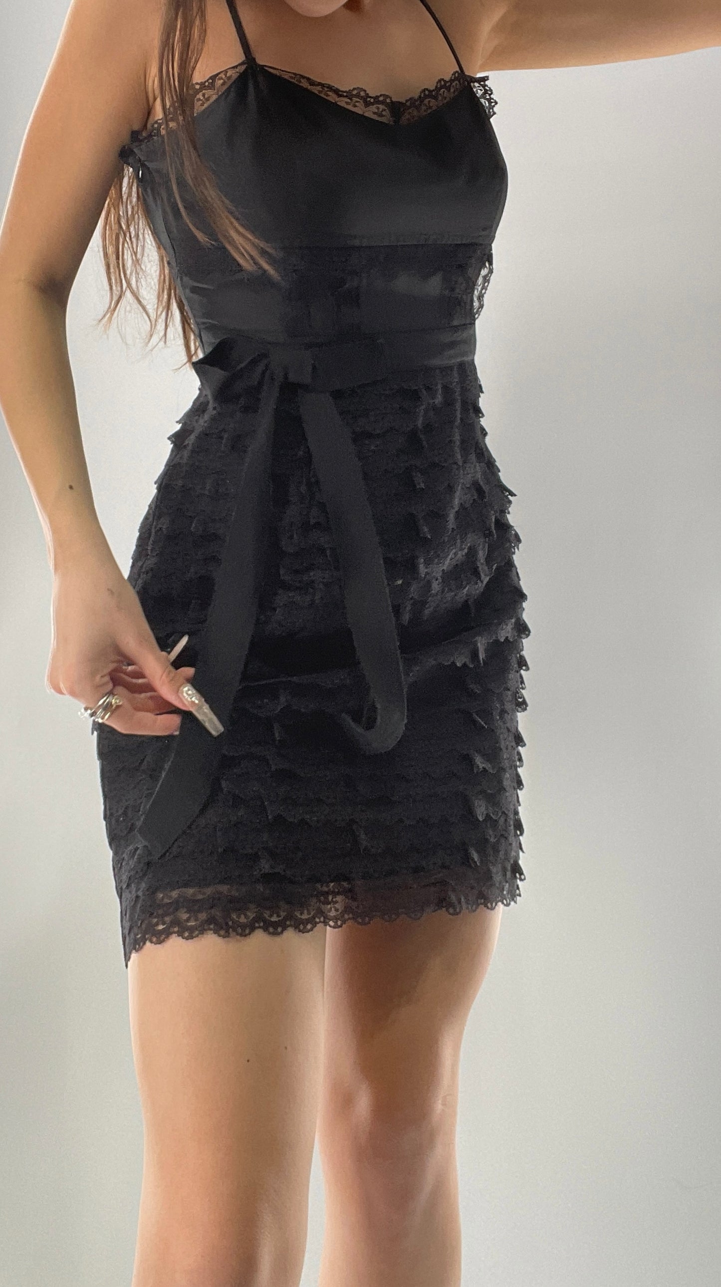 RED VALENTINO Black Corseted Style Ruffle Lace Hem Skirt Mini Dress