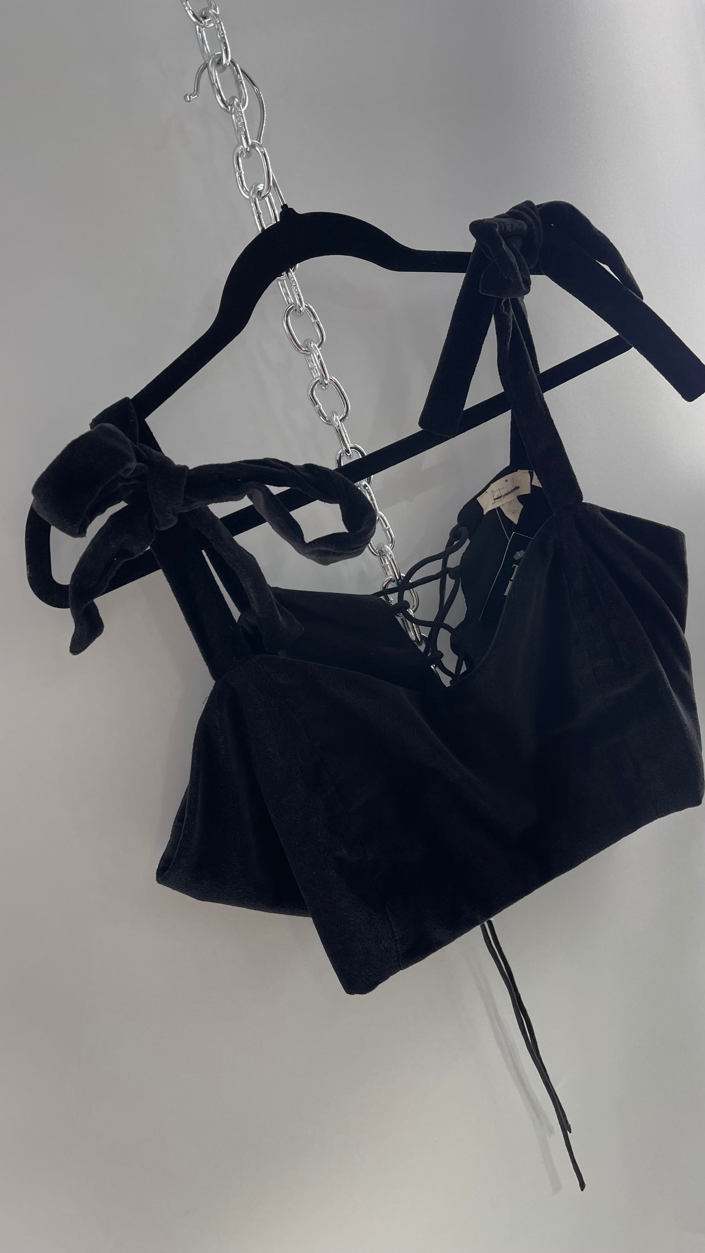 Letmebe Anthropologie Black Velvet Cropped Tank with Delicate, Romantic Tie Shoulders and Lace Up Back (XL)