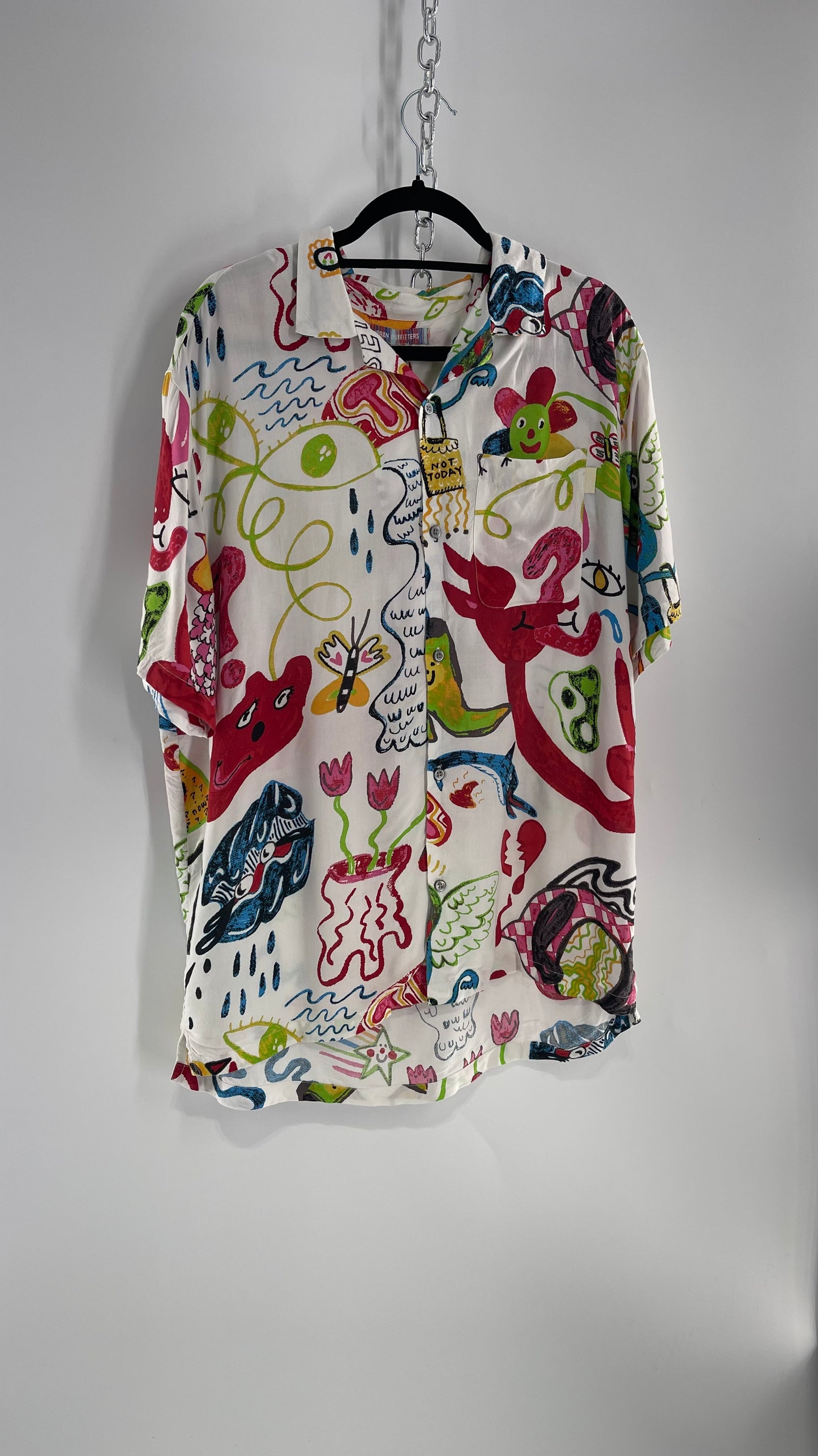 Urban Outfitters Happy Days Colorful Doodle Button Up (Large)