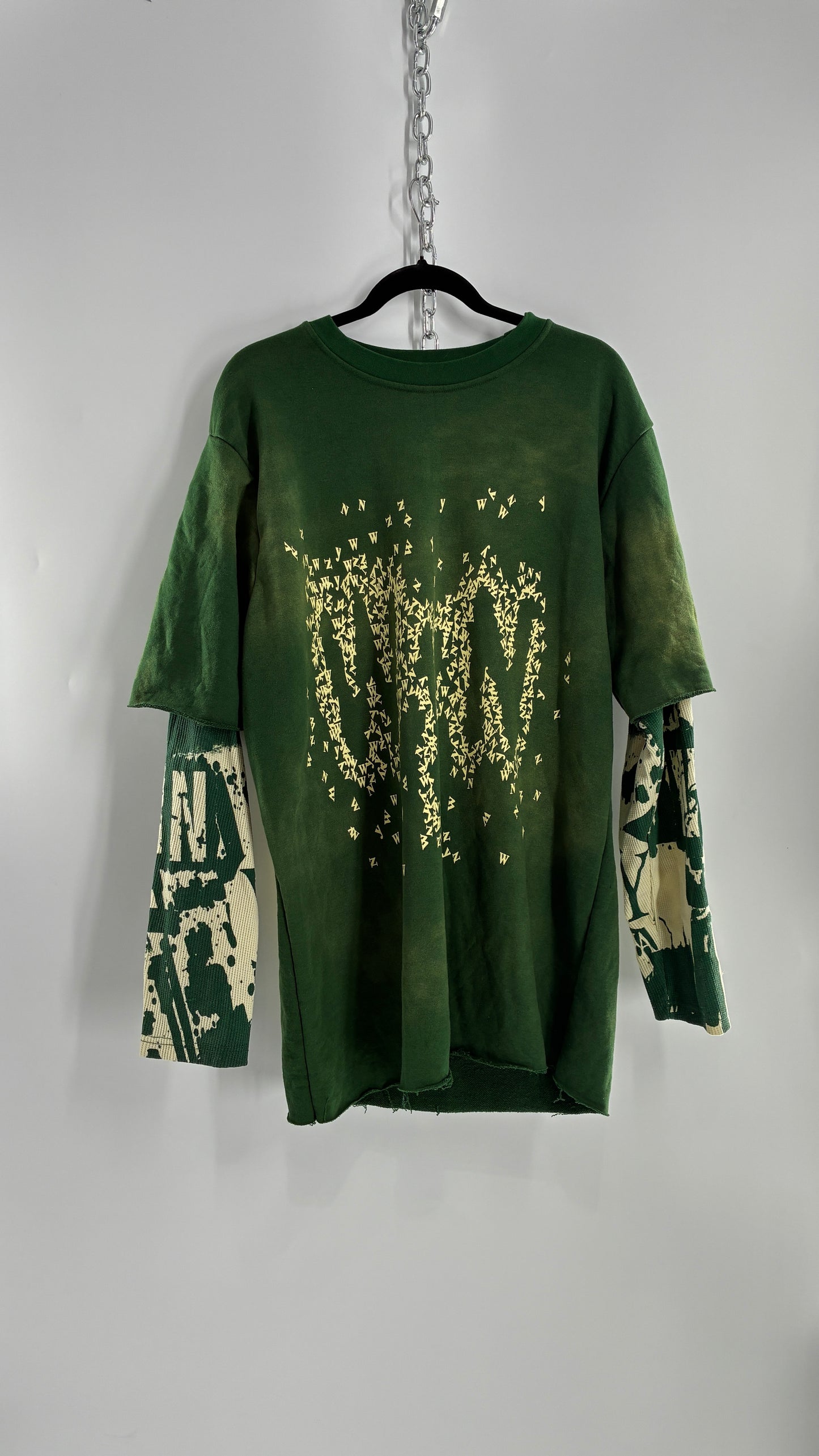 WYN Green Paint Splattered Henley/Baggy T Shirt Men’s Long Sleeve (XXXL)