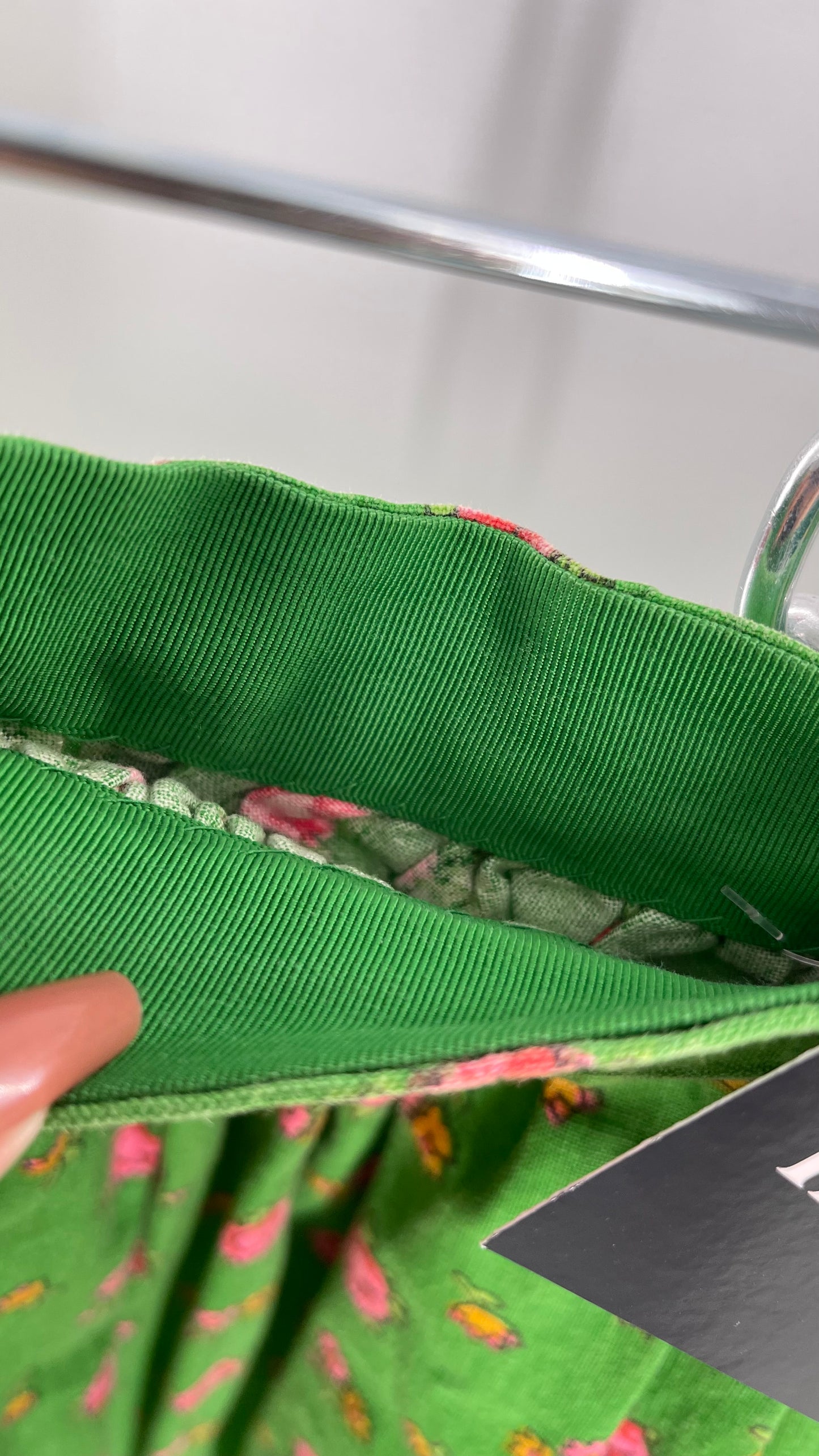 Vintage Imported Cotton Kelly Green Skirt with Pink Roses (XS)