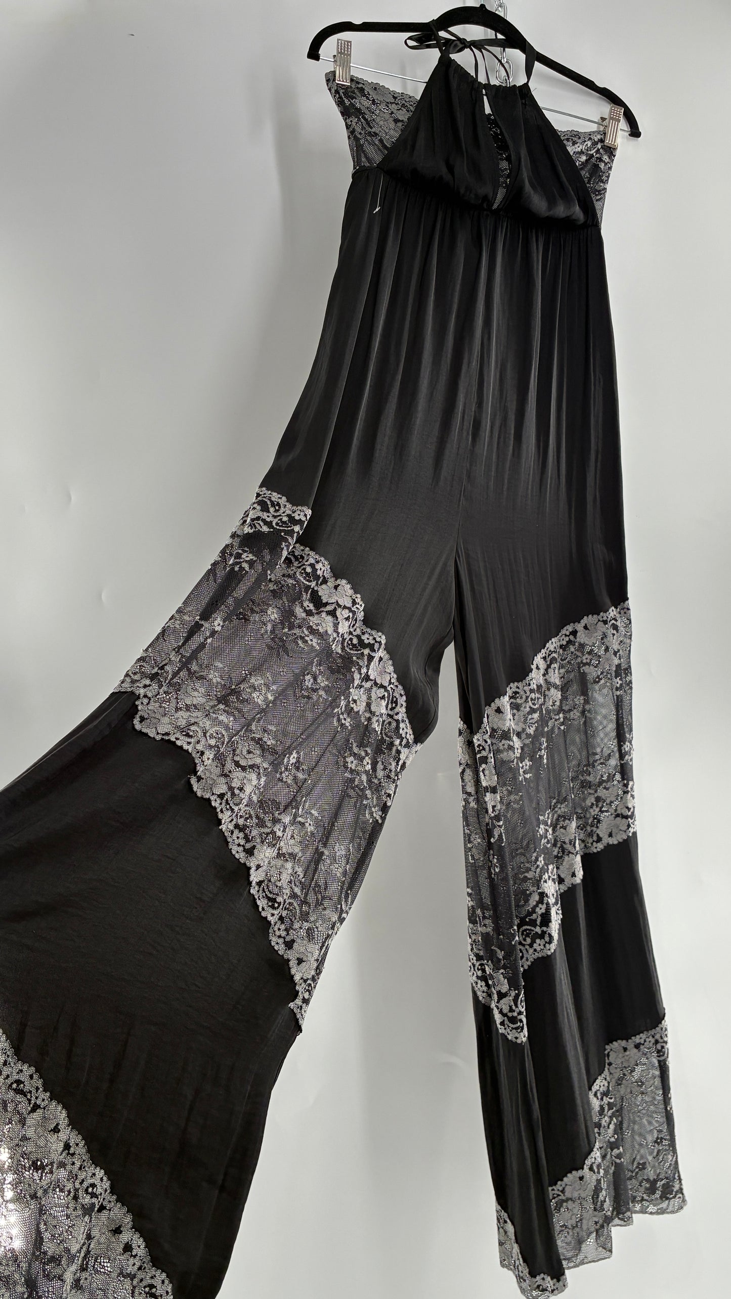 Free People Silky Black Jumpsuit with Grey Lace Paneling and Bandeau (S)
