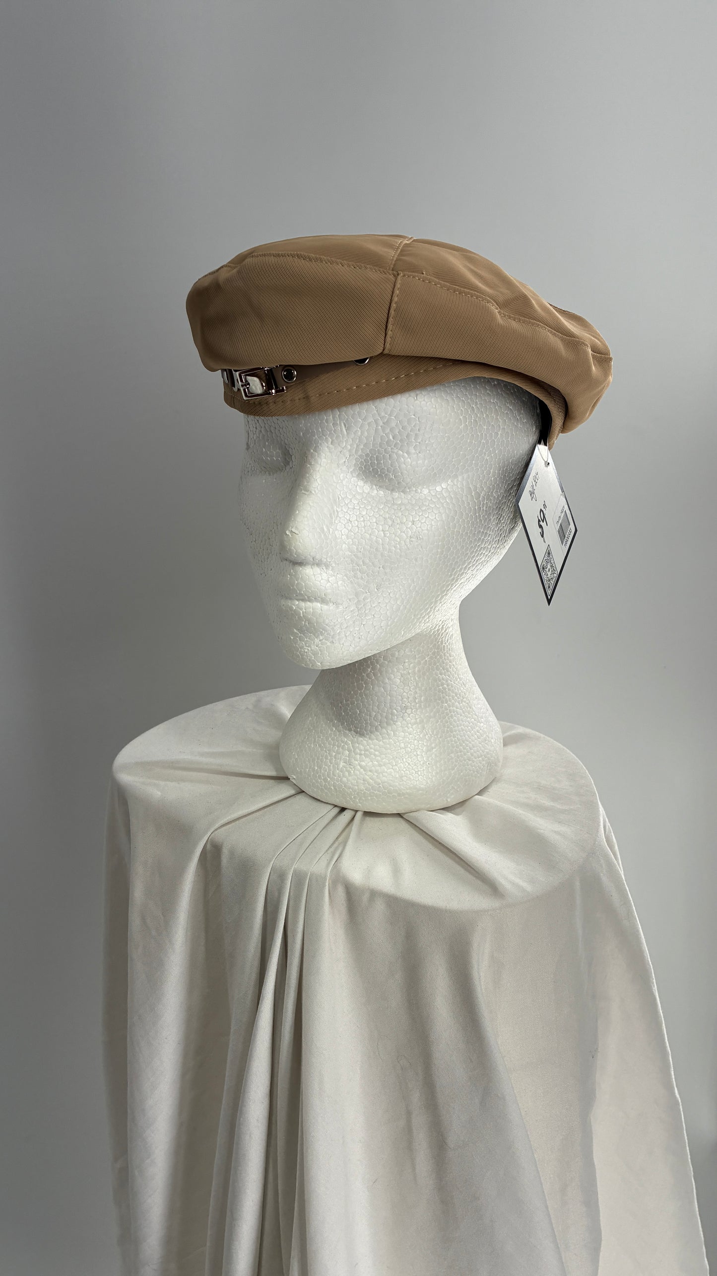 Tan Beret with Vegan Leather Strap and Silver Metal Hardware
