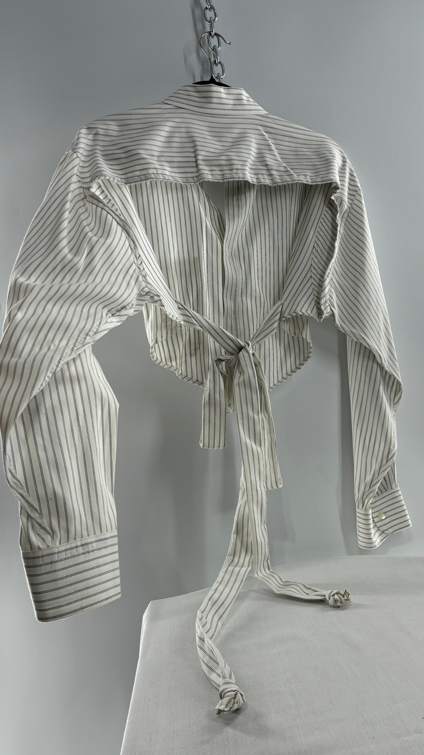 Vintage CALVIN KLEIN Reworked Button Front Backless White Striped Blouse (One Size)