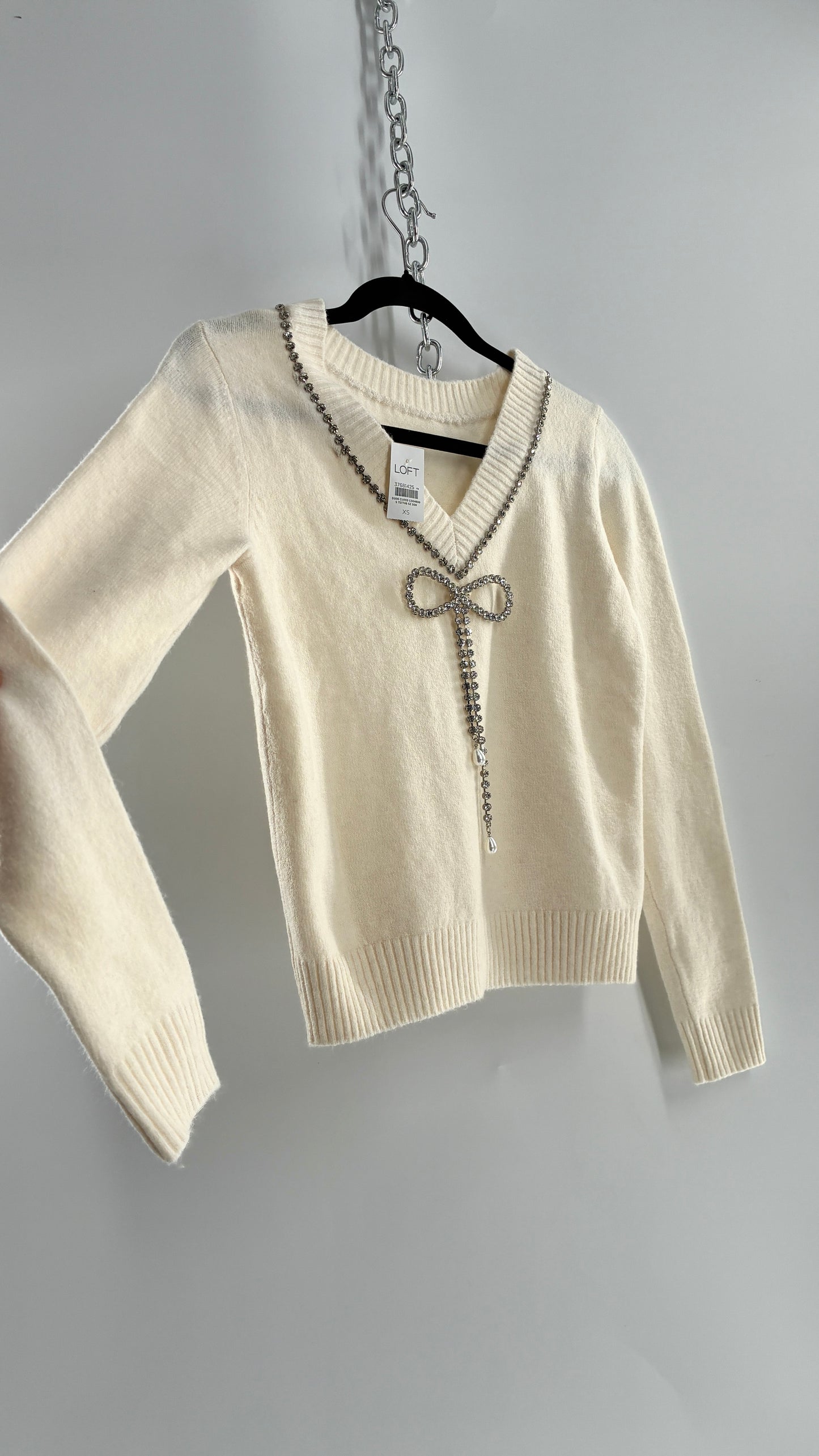 LOFT Cream Reversible Sweater with Rhinestone and Pearl Bow Detail + Tags Attached (XS)