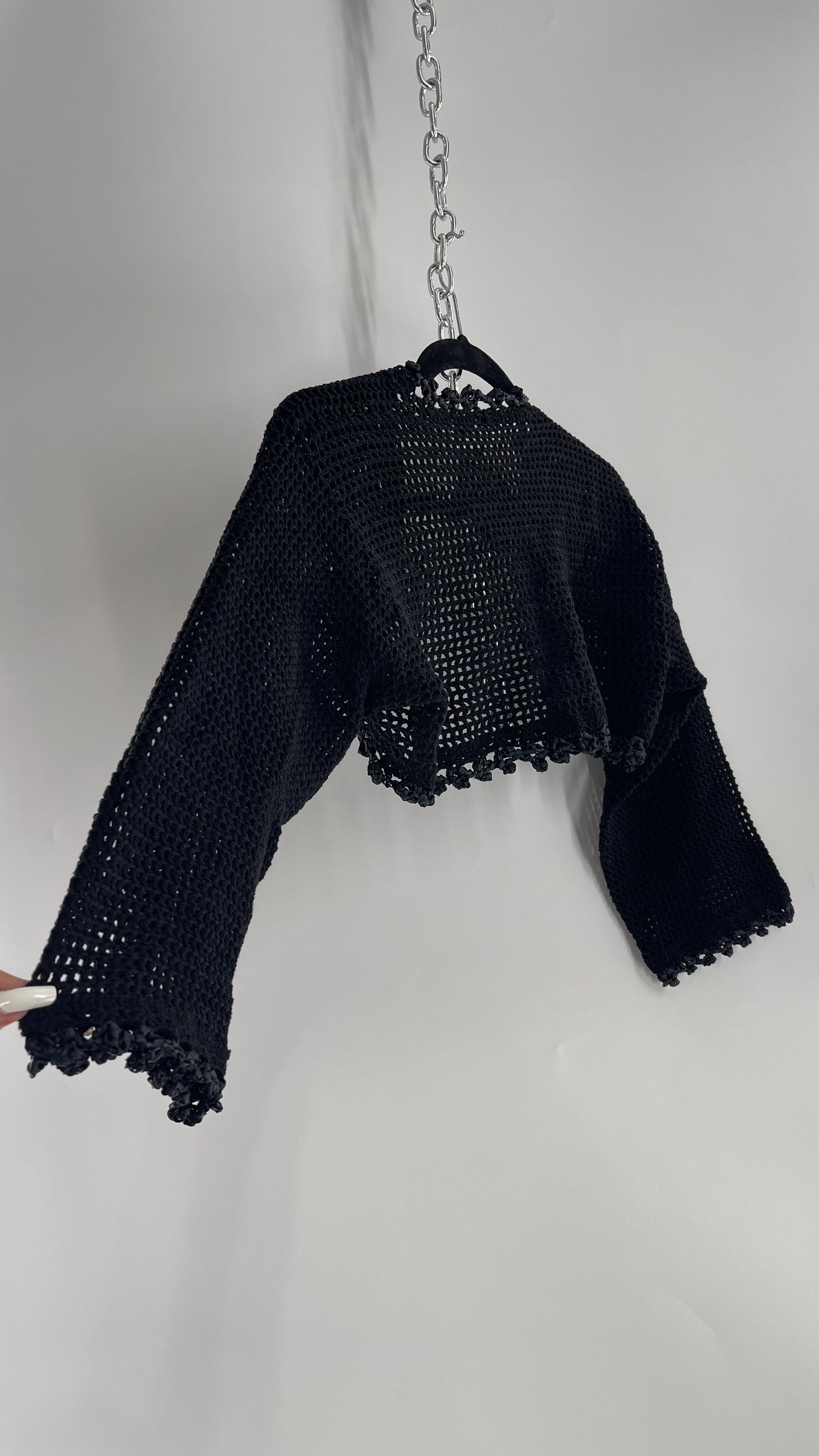 Vintage Black Hand Knit Crochet Shrug with Ribbon Detailing (Medium)