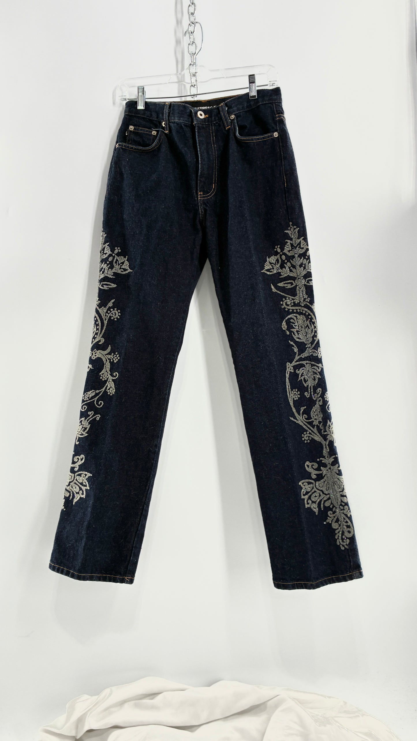 Vintage EXPRESS JEANS Dark Wash with Iridescent, Embellished, Textured Design Running Down Pant Leg (3/4)