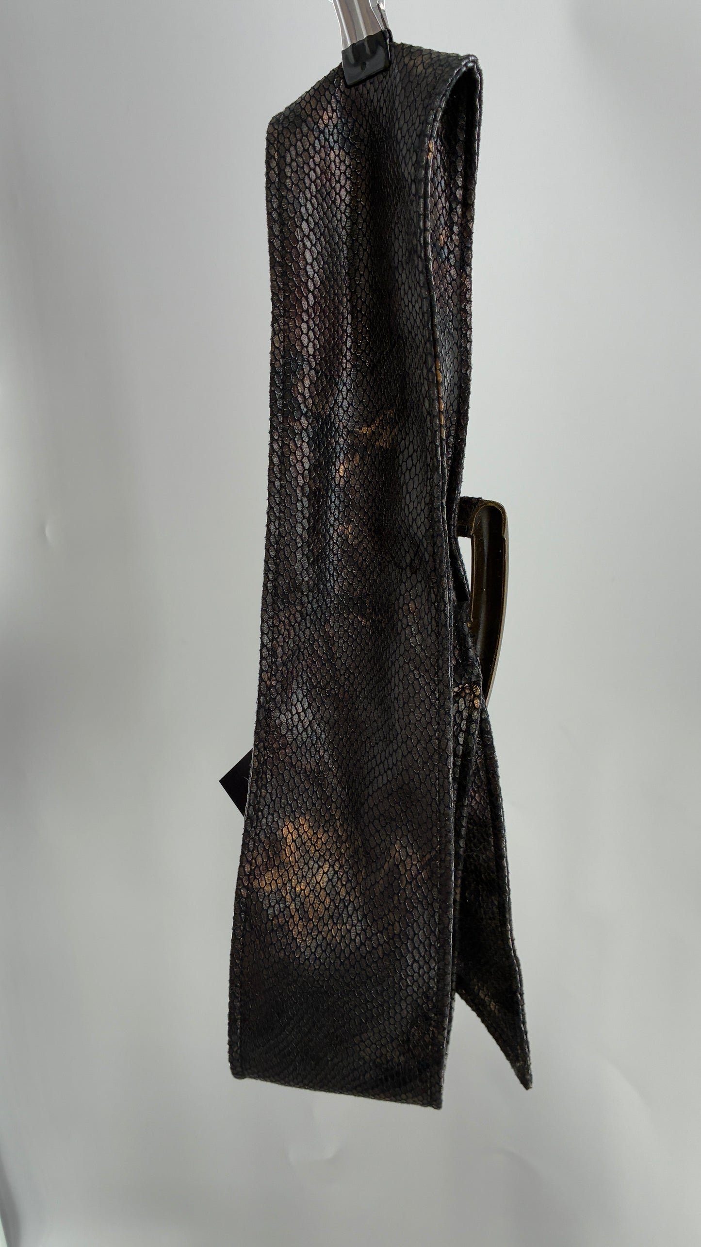 Vintage Snake Skin Patterned Wide Belt with Gold Brass Oversized Buckle (Large)
