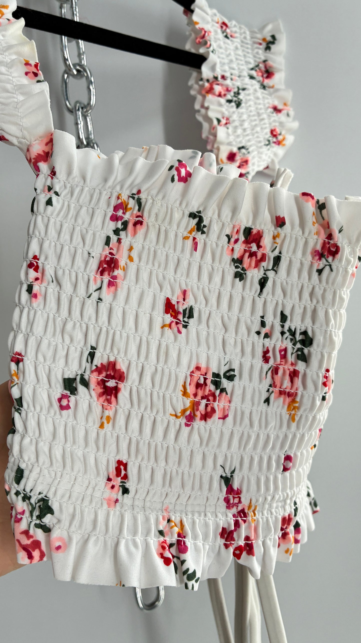 White Floral Smocked Off the Shoulder Underwire Swim Top with Tags Attached (Medium)