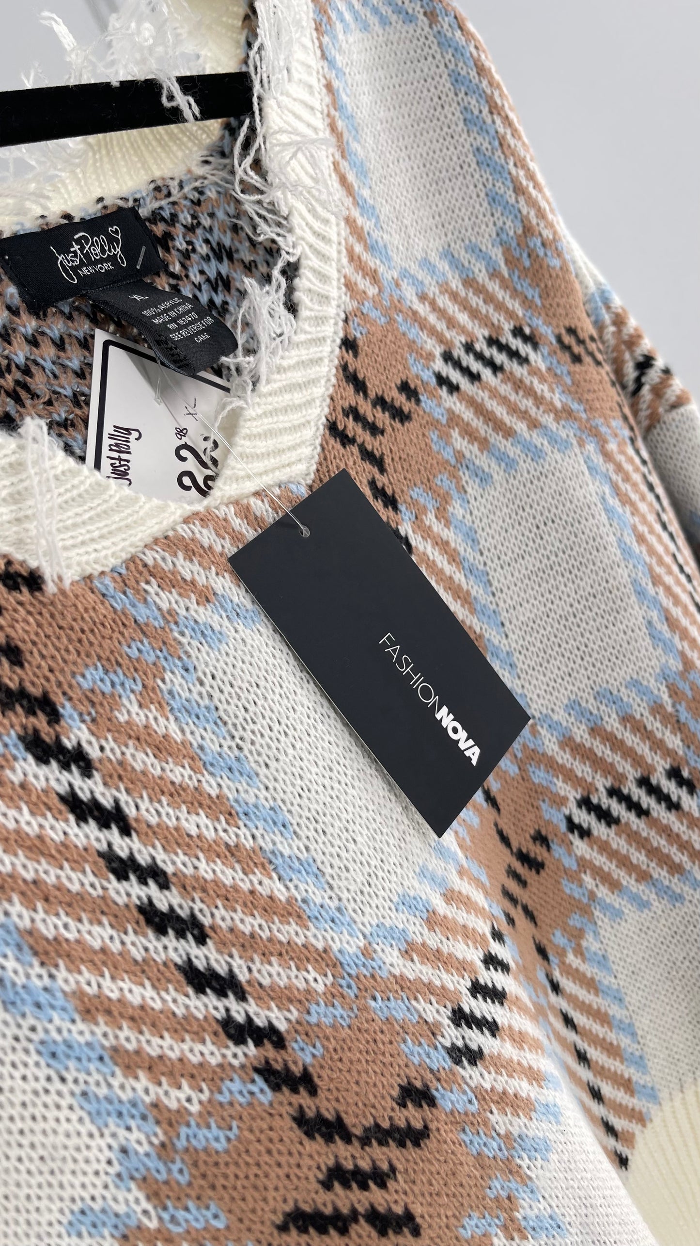 Fashion Nova Plaid Powder Blue/Tan Distressed Sweater