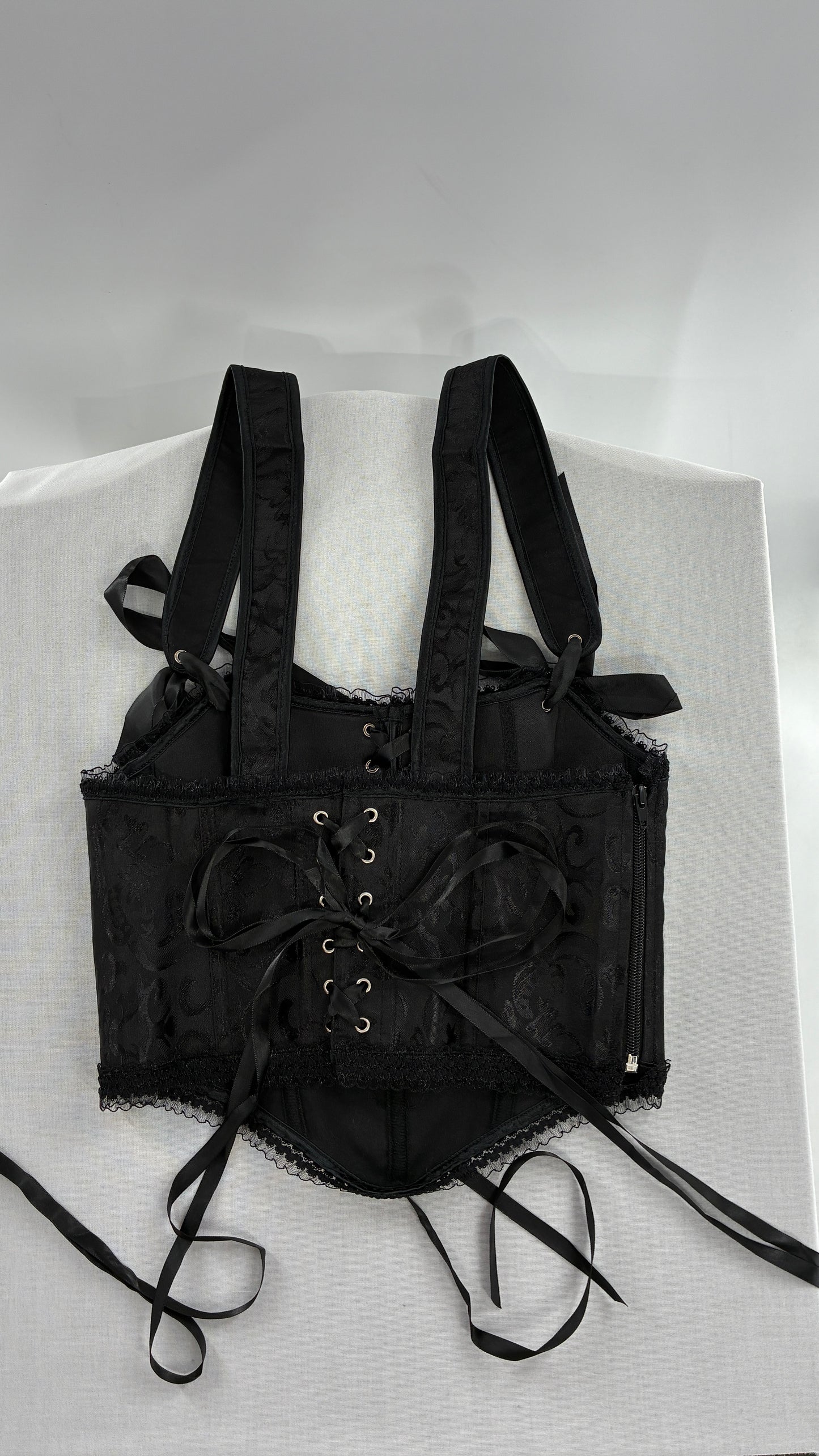 Custom Black Jacquard Corset, Handmade with Heart Appliqué, Bows, Embroidery, Gemstones, Lace and Ruffles (S/M)