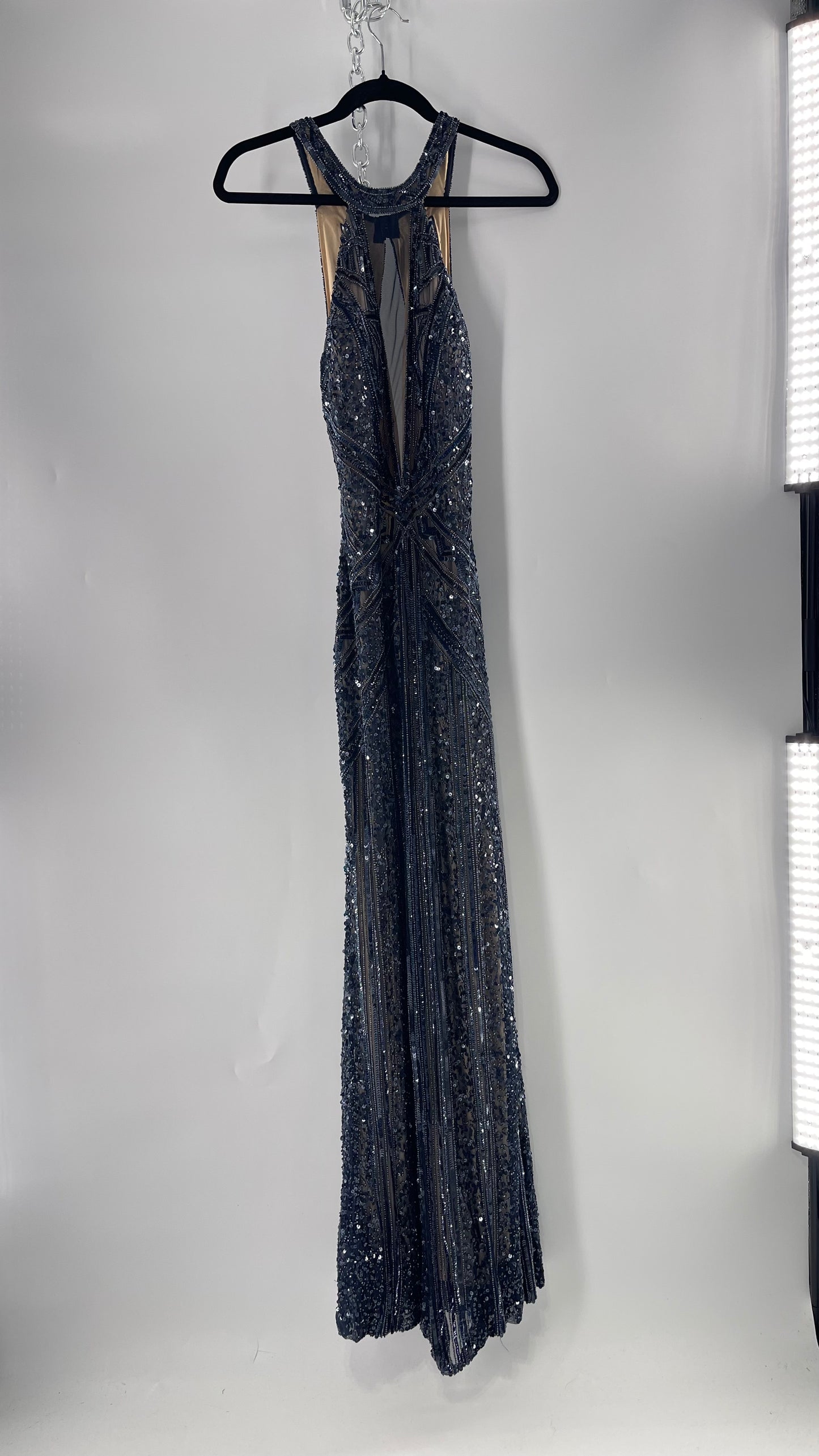 Vintage SCALA Navy Blue Beaded Floor Length Gown with Plunging Neckline, Backless Detail, and Tan Underlay (C)(4)