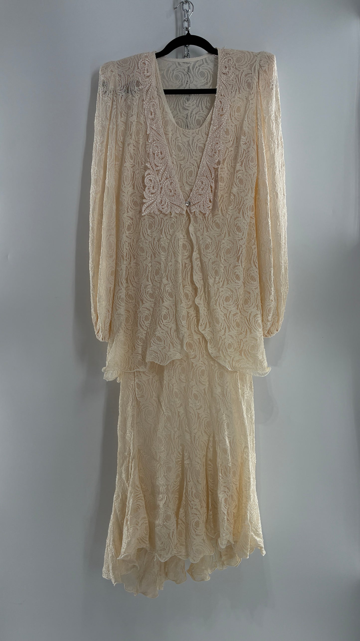 Vintage SARA MIQUE New York Off White Maxi Dress and Balloon Sleeve Cardigan Set (M)