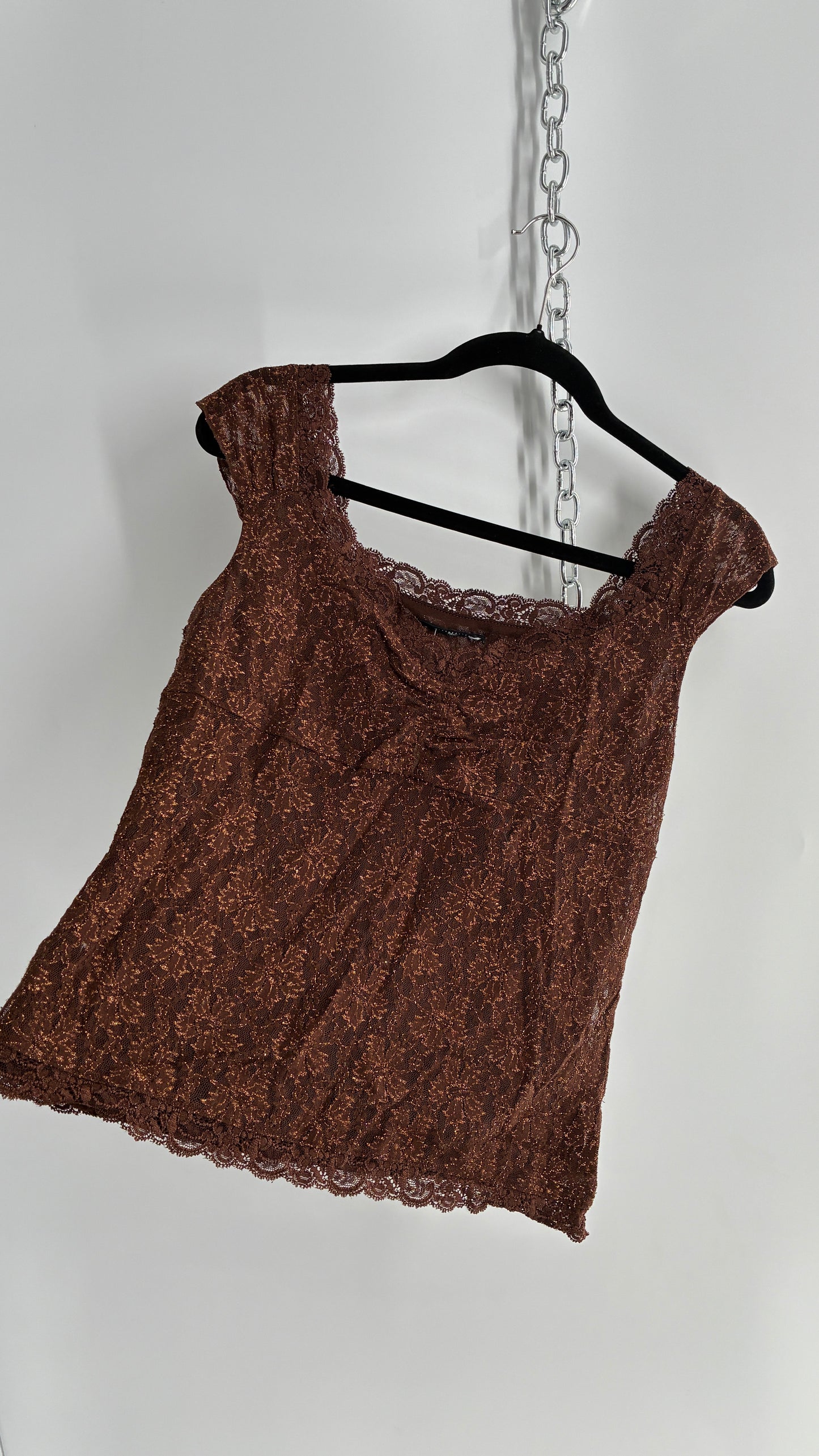 Vintage 1990s Brown Gold Tinsel Lace Straight Neckline Top (M)