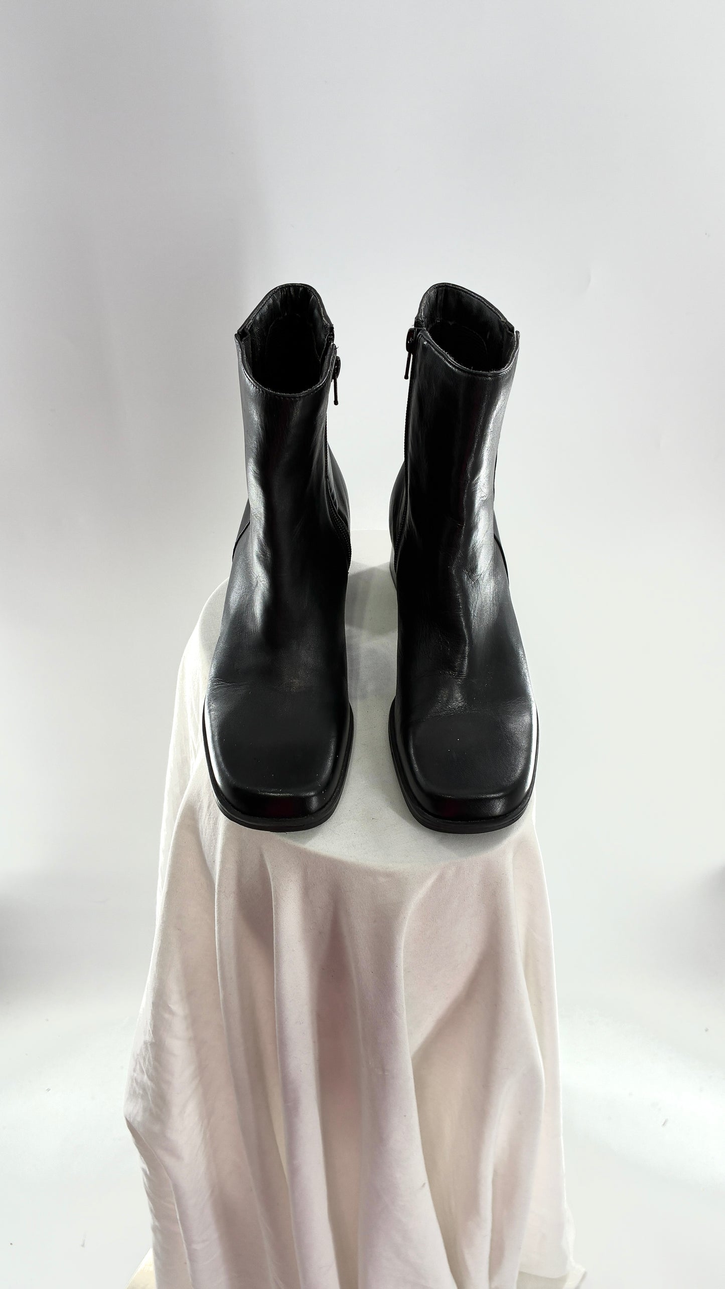 Vintage Naturalizer Black Square Toe Genuine Leather Block Heel Boots Made in Brazil (8)