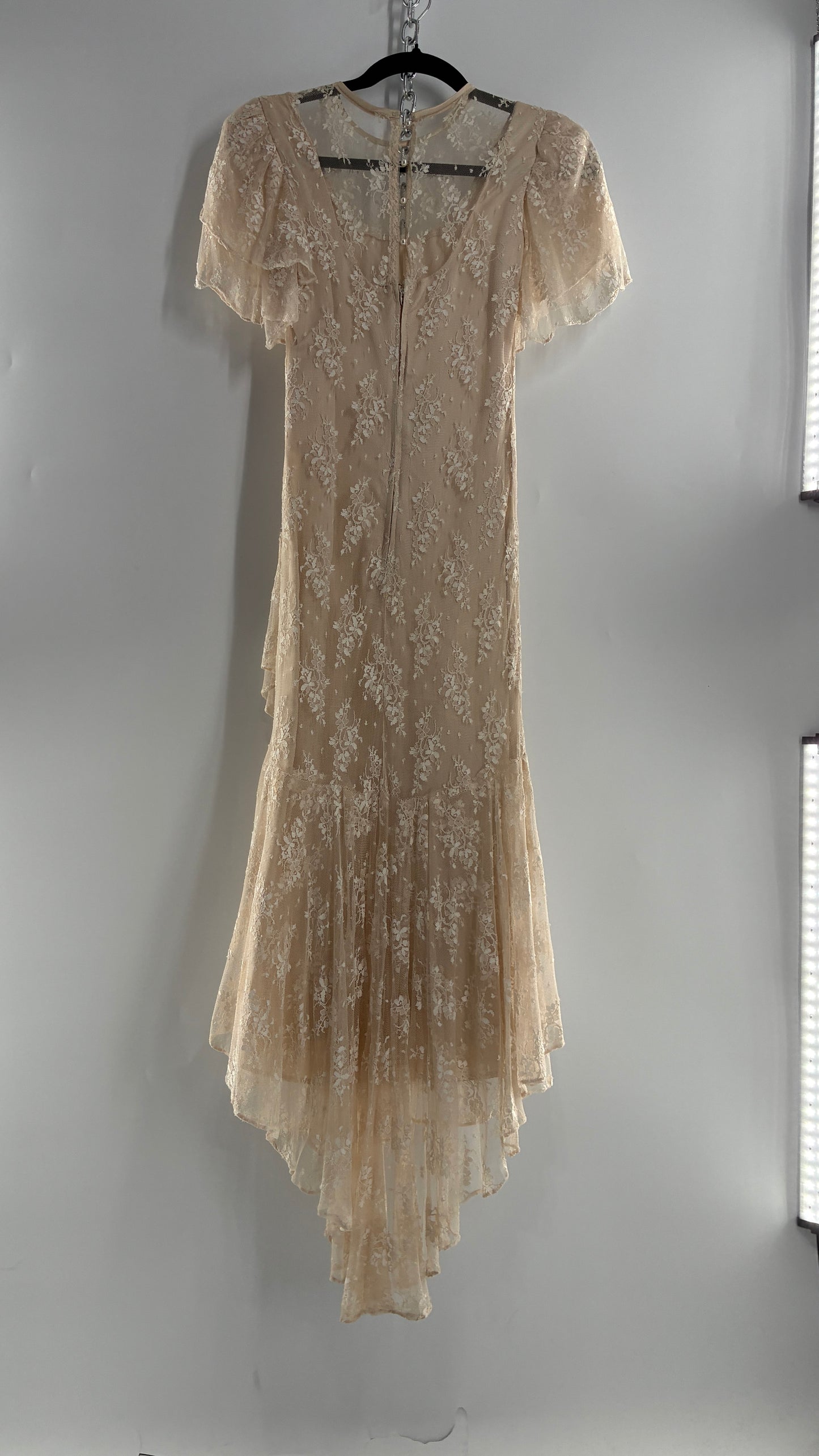 Vintage Ivory Lace Gown with Petal Sleeves, Tiered Hemline (5/6)